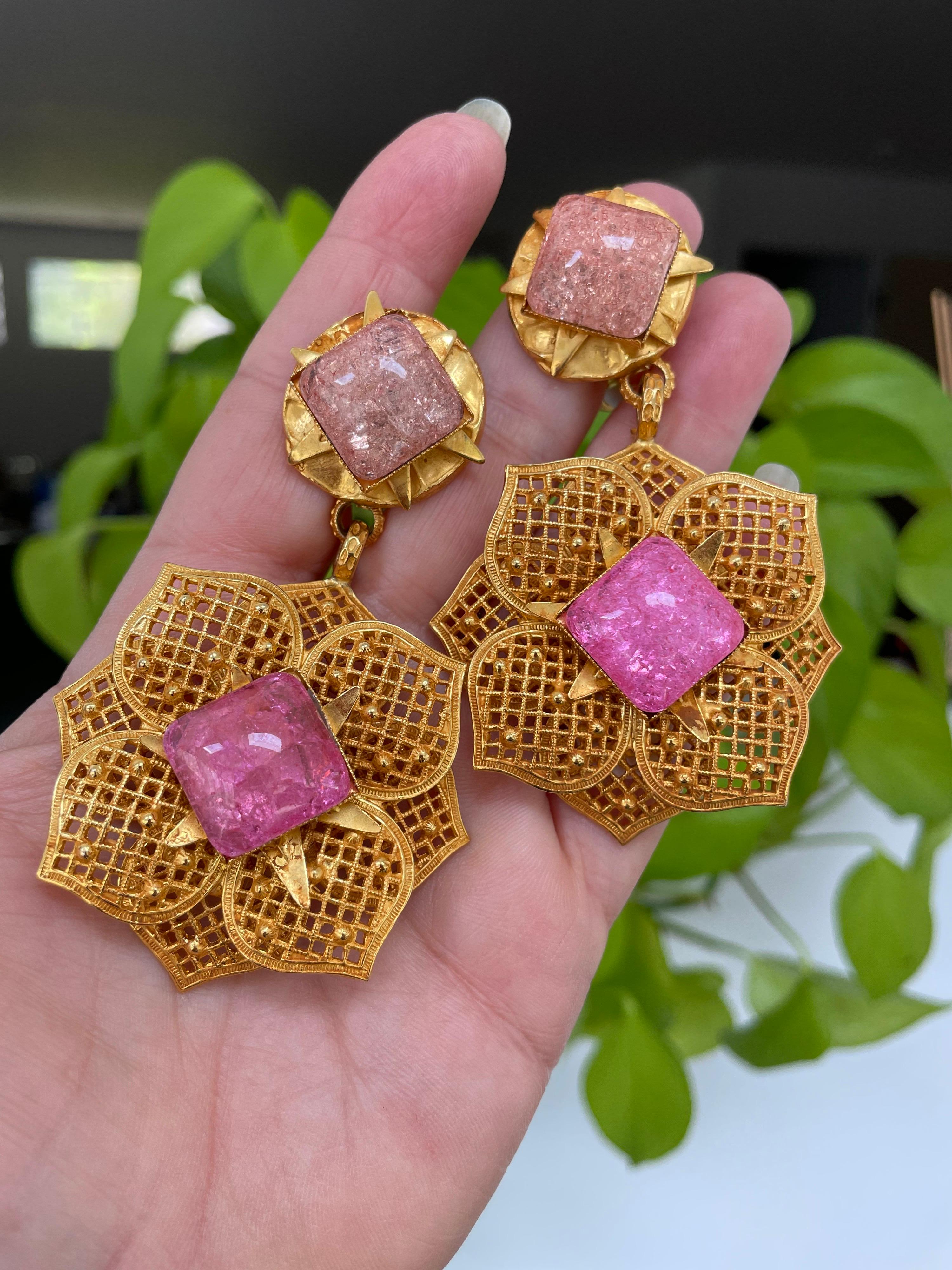 1990s Philippe ferrandis Pink Gripoix Glass Dangle Earrings New Never worn  For Sale 1