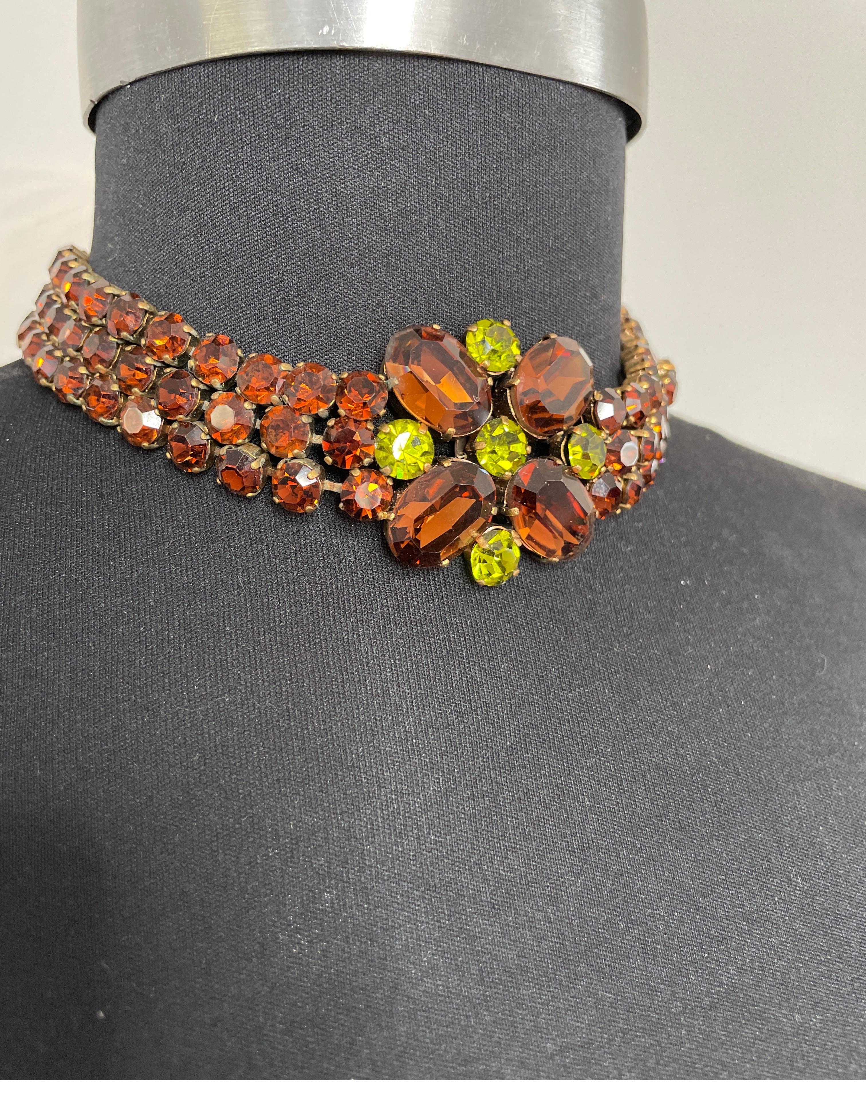 Women's Dominique Aurientis Brown Green Rhinestone Necklace, Never Worn 1980s For Sale