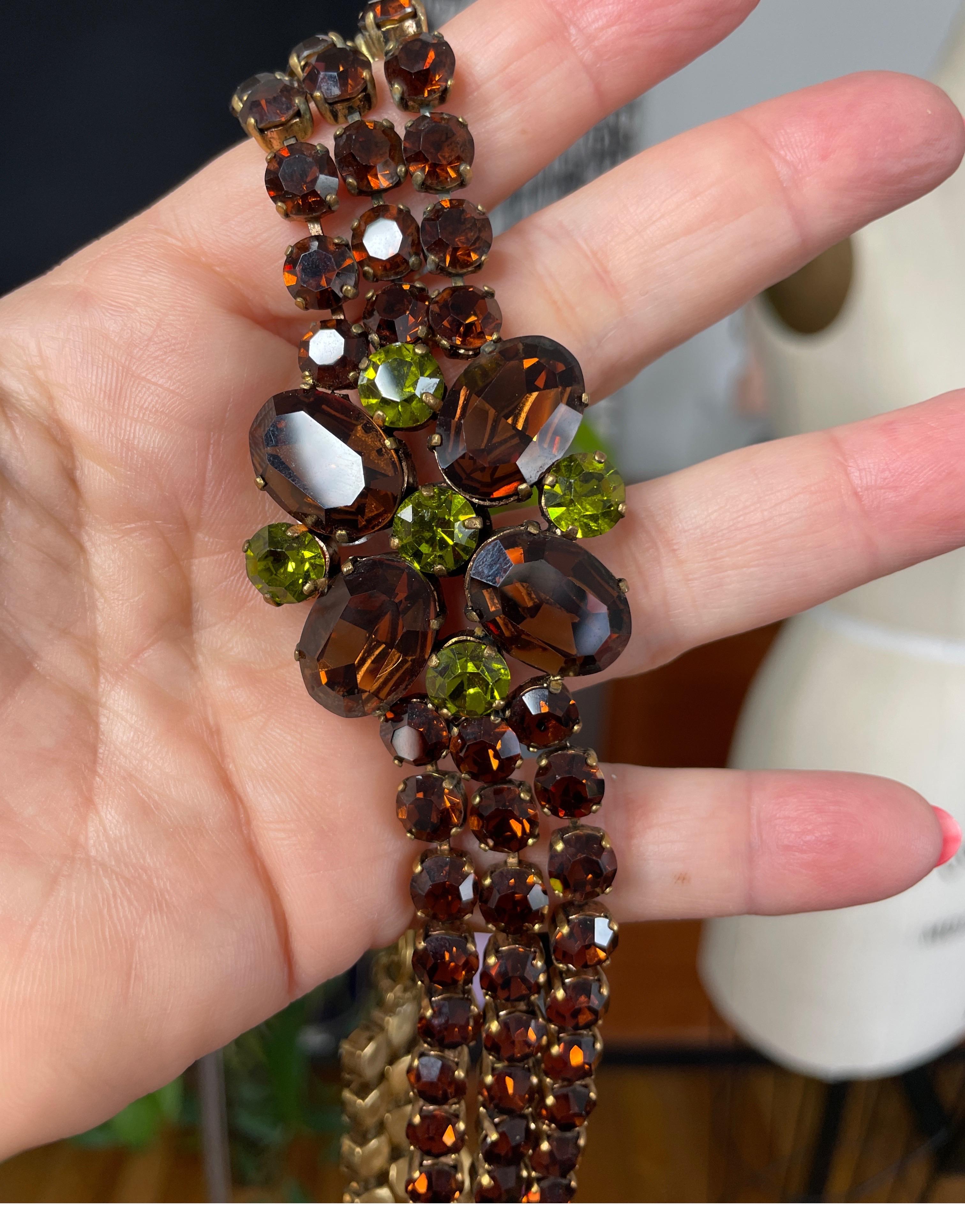 Dominique Aurientis Brown Green Rhinestone Necklace, Never Worn 1980s For Sale 2