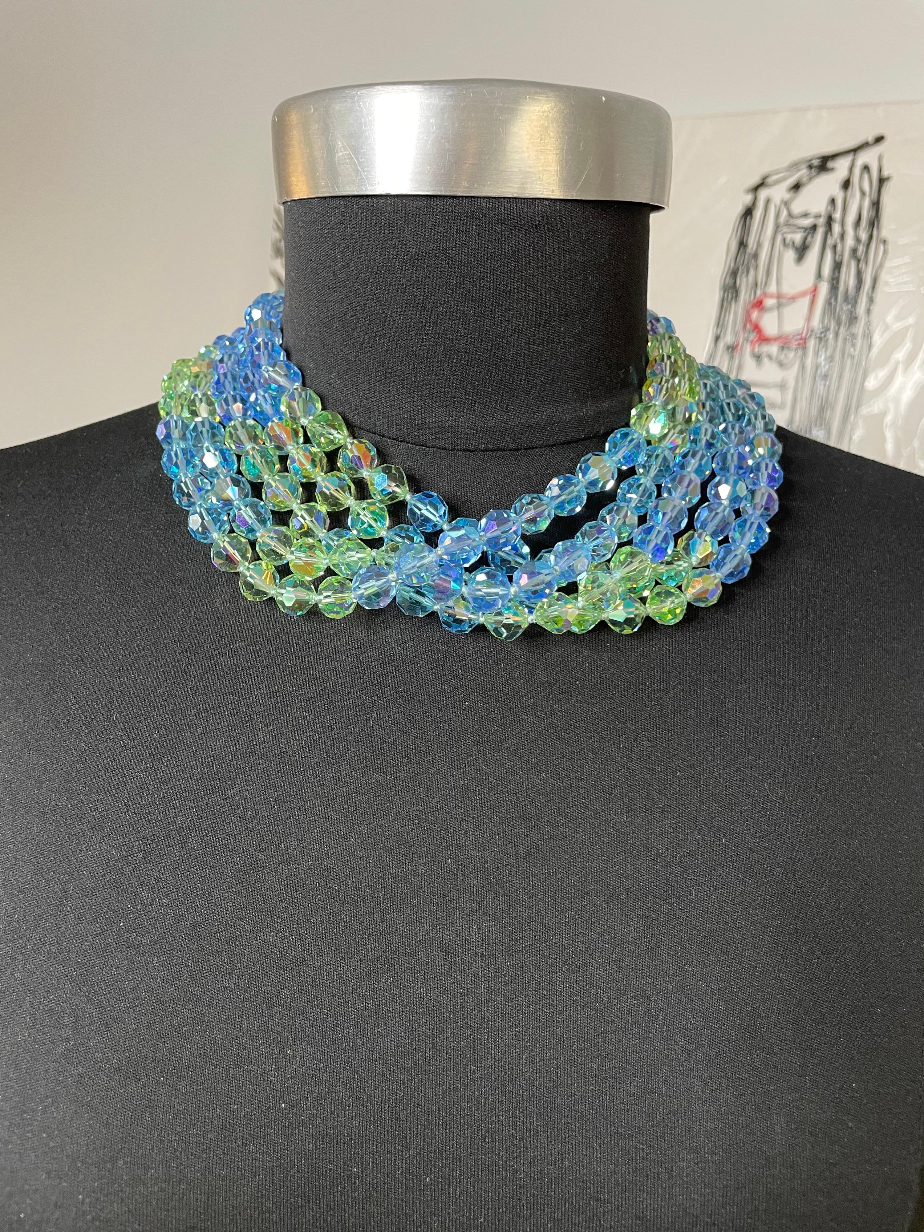  5 Strand Blue Green Crystal Bib Necklace New, Never worn 1990s Ciner  In Excellent Condition In Wallkill, NY