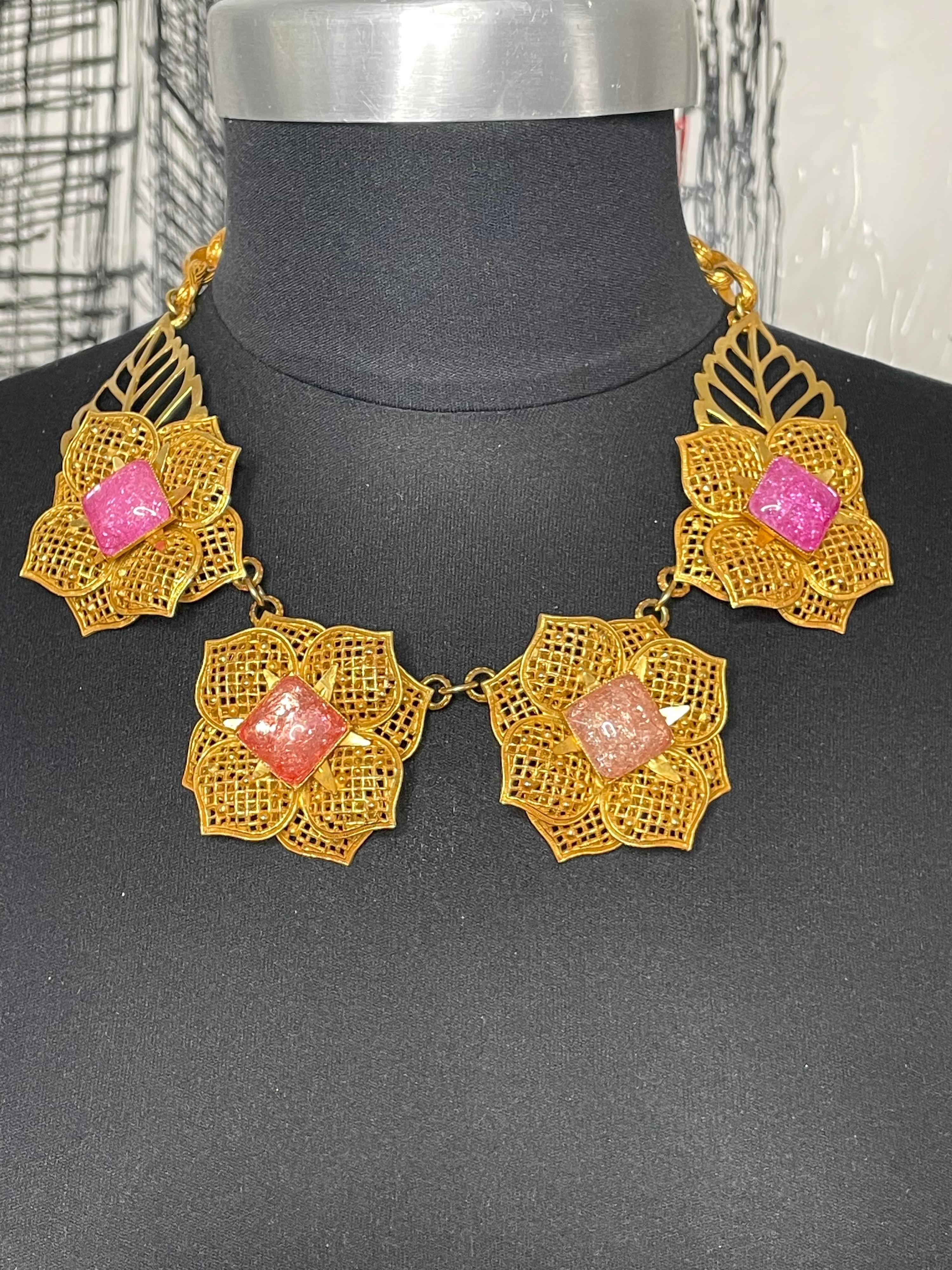1990s Philippe Ferrandis Pink Floral Gripoix Glass Necklace & Earring Set  5