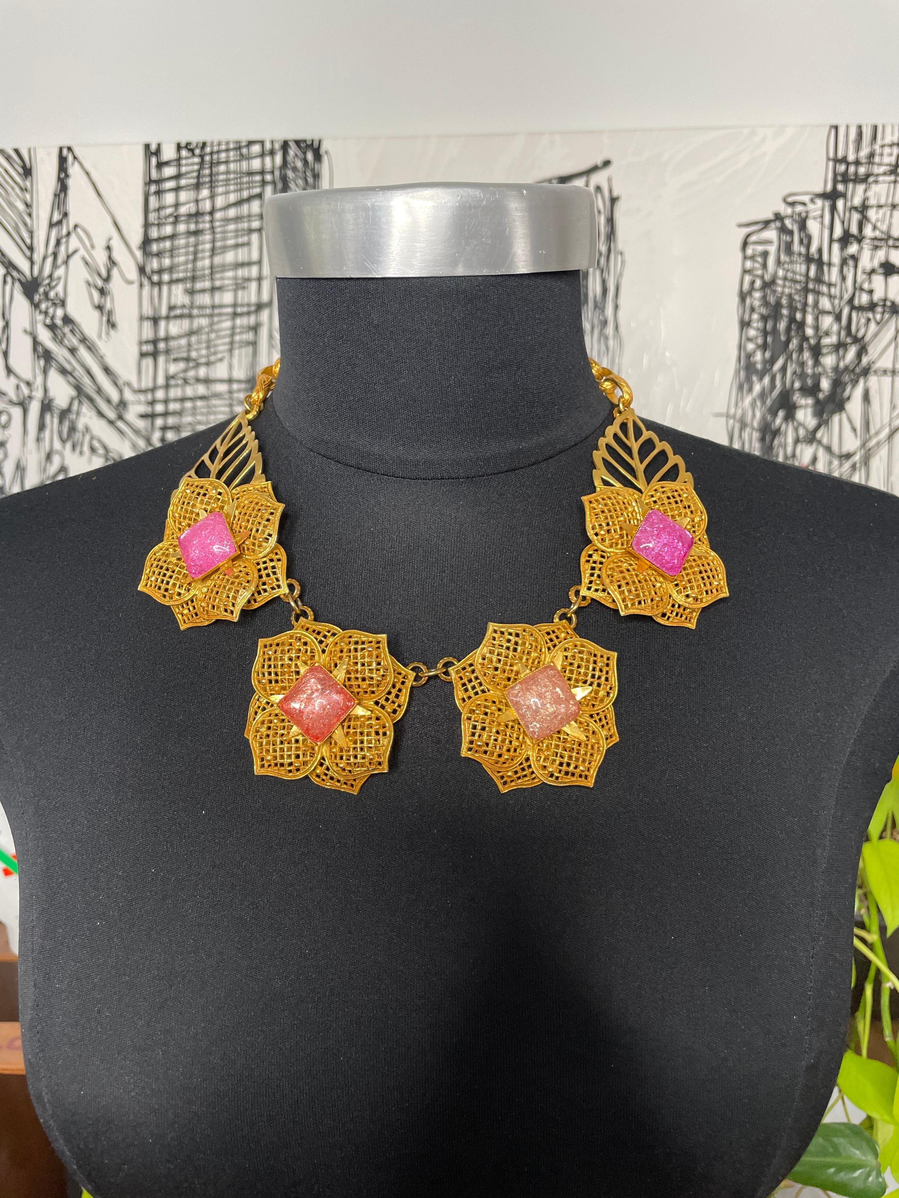 1990s Philippe Ferrandis Pink Floral Gripoix Glass Necklace & Earring Set  4
