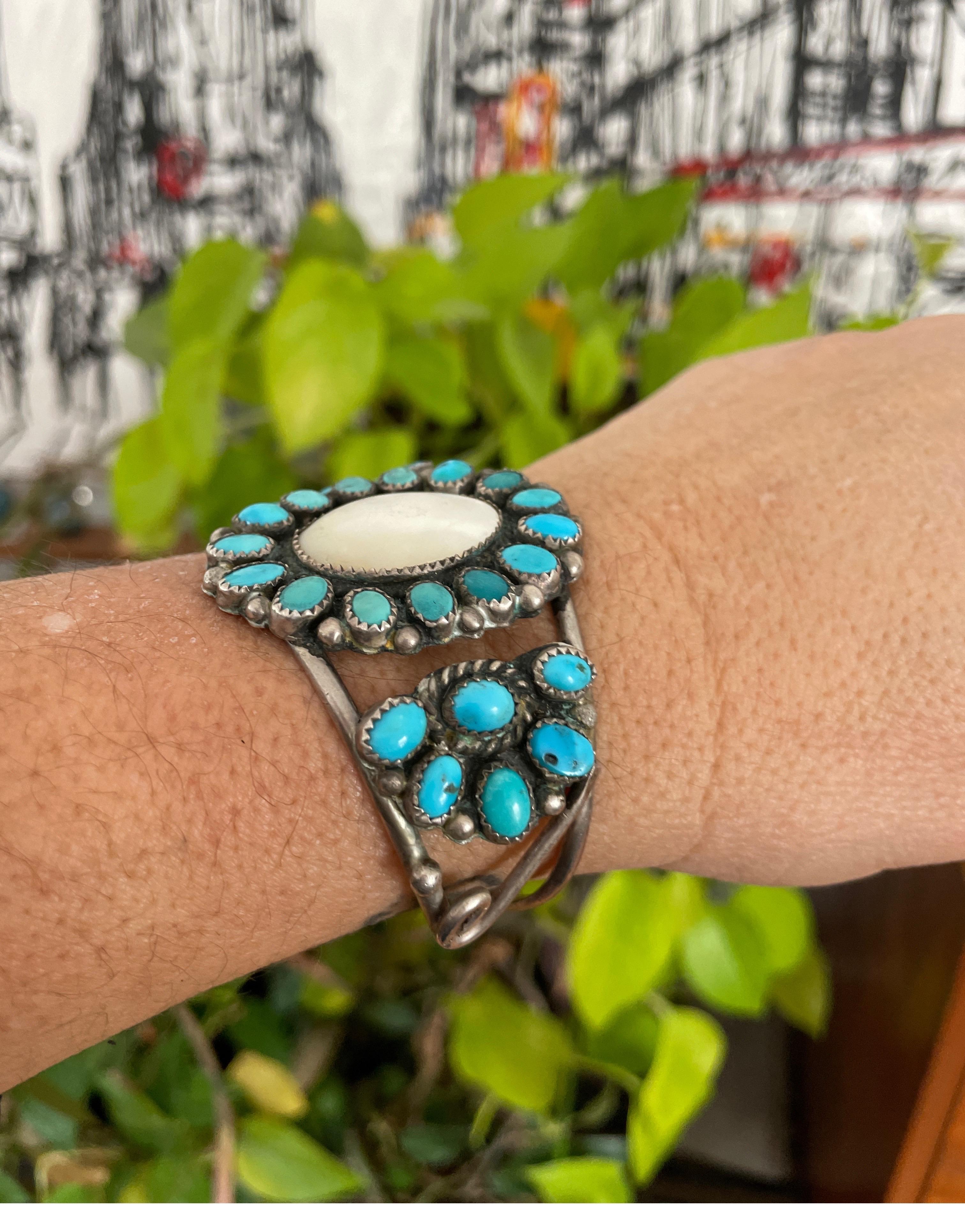  Sterling Silver Bracelet Turquoise - Mother of Pearl Old Pawn Navajo In Good Condition For Sale In Wallkill, NY