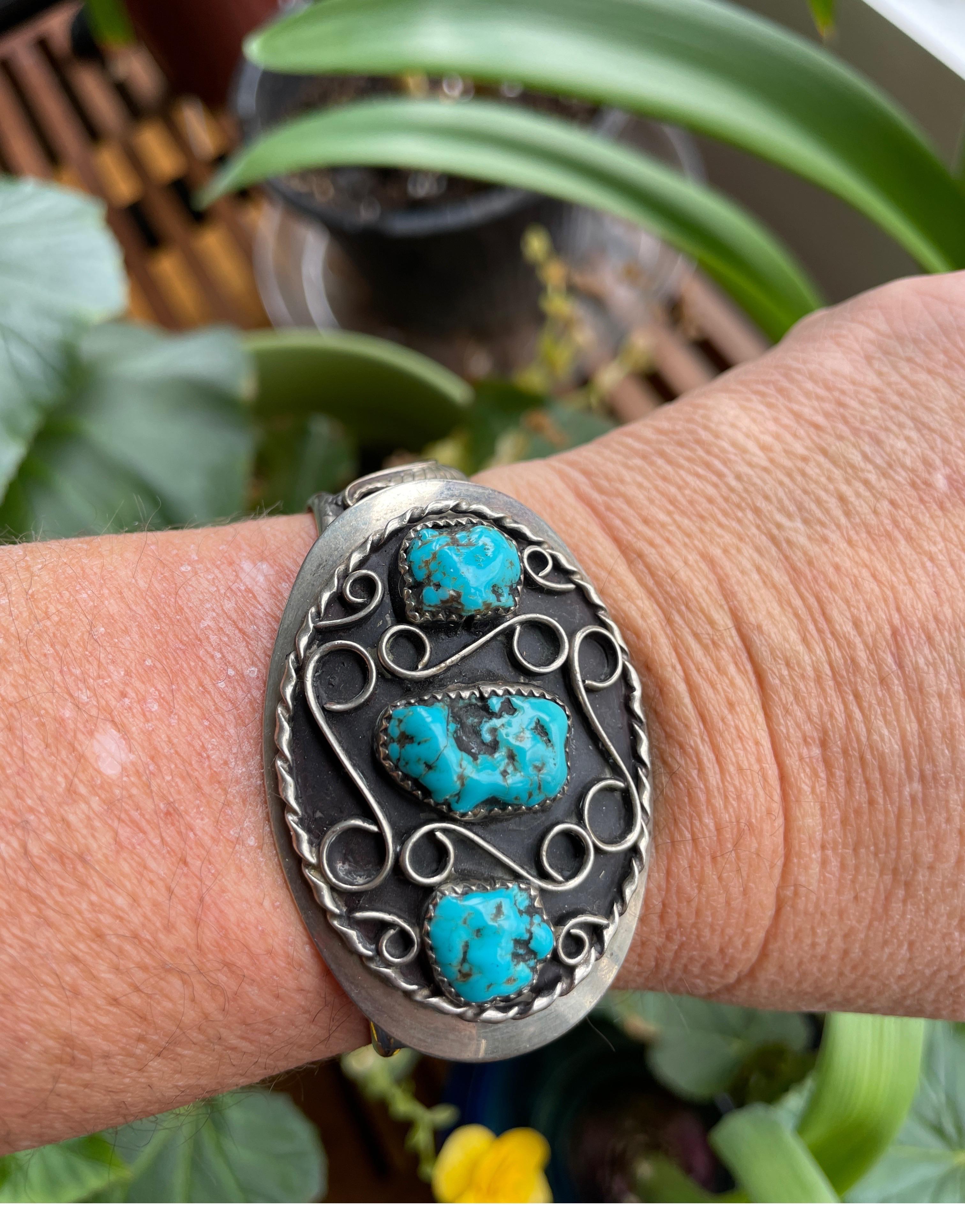 Women's Sterling Silver Navajo 3 Turquoise Cuff Bracelet Old Pawn Native American For Sale