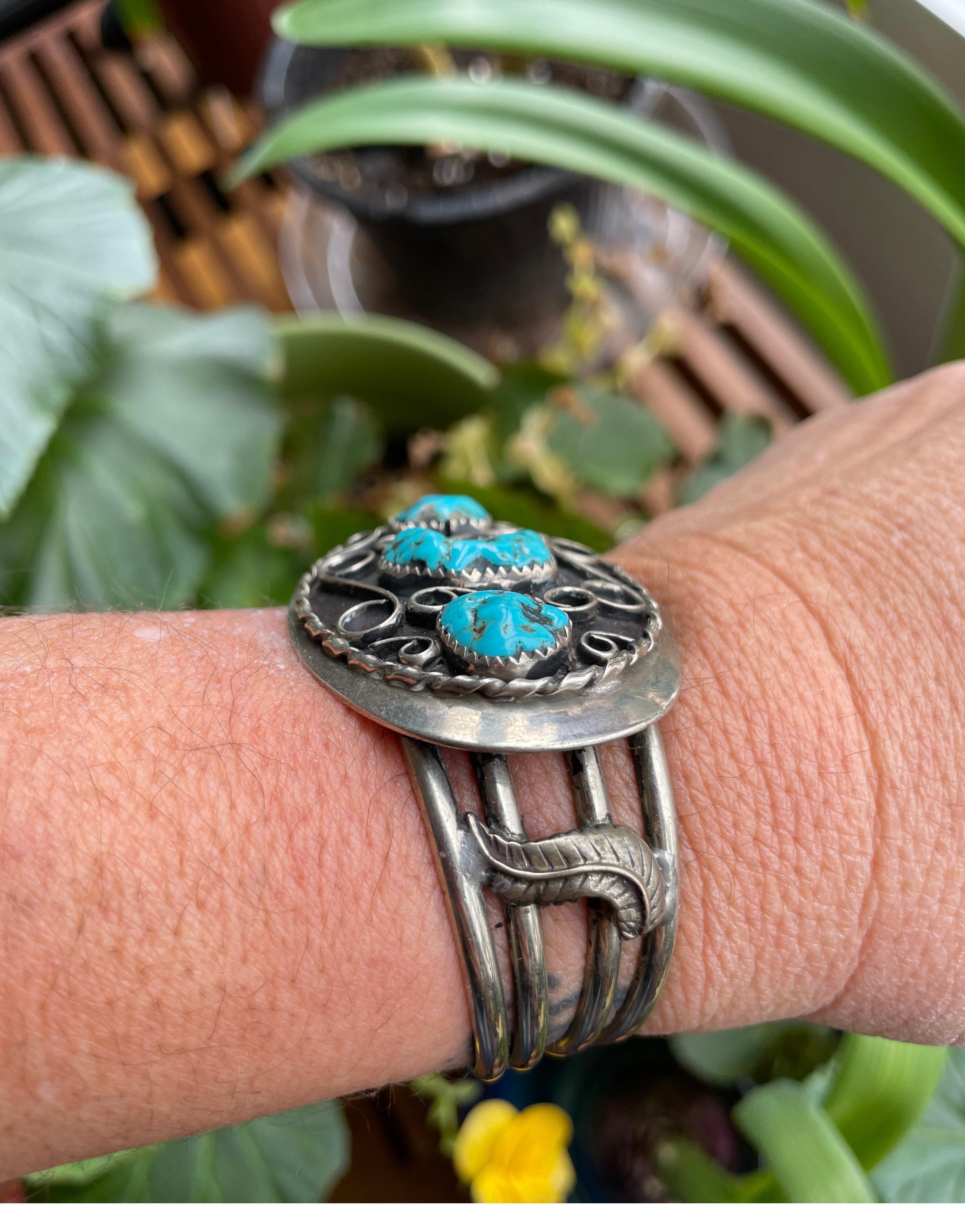 Sterling Silver Navajo 3 Turquoise Cuff Bracelet Old Pawn Native American For Sale 2