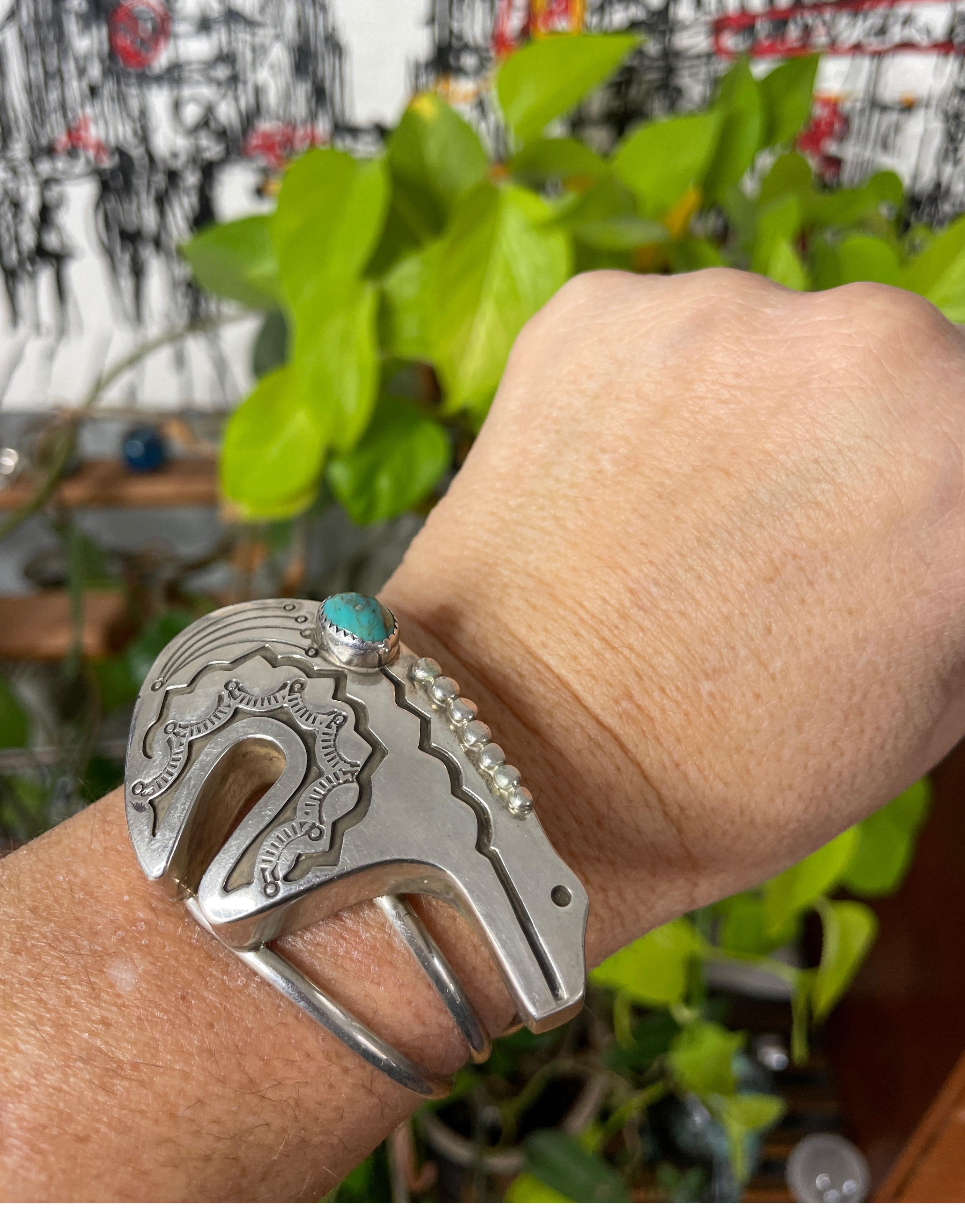 Women's or Men's Zuni Native American Sterling Silver Turquoise Bear Cuff Bracelet  For Sale