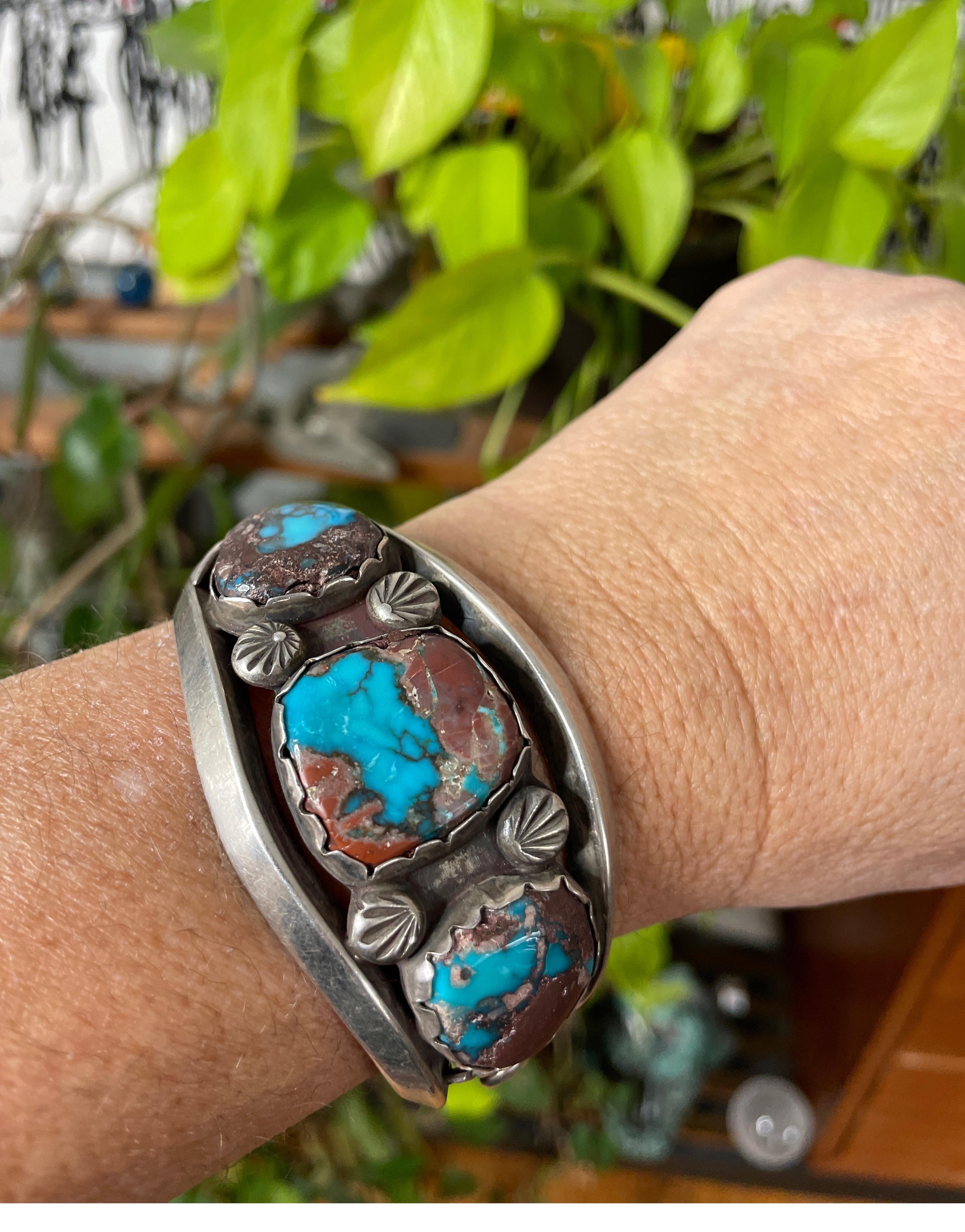 Cabochon Vintage Navajo cuff Sterling Silver bracelet Old pawn turquoise Brown Matrix For Sale