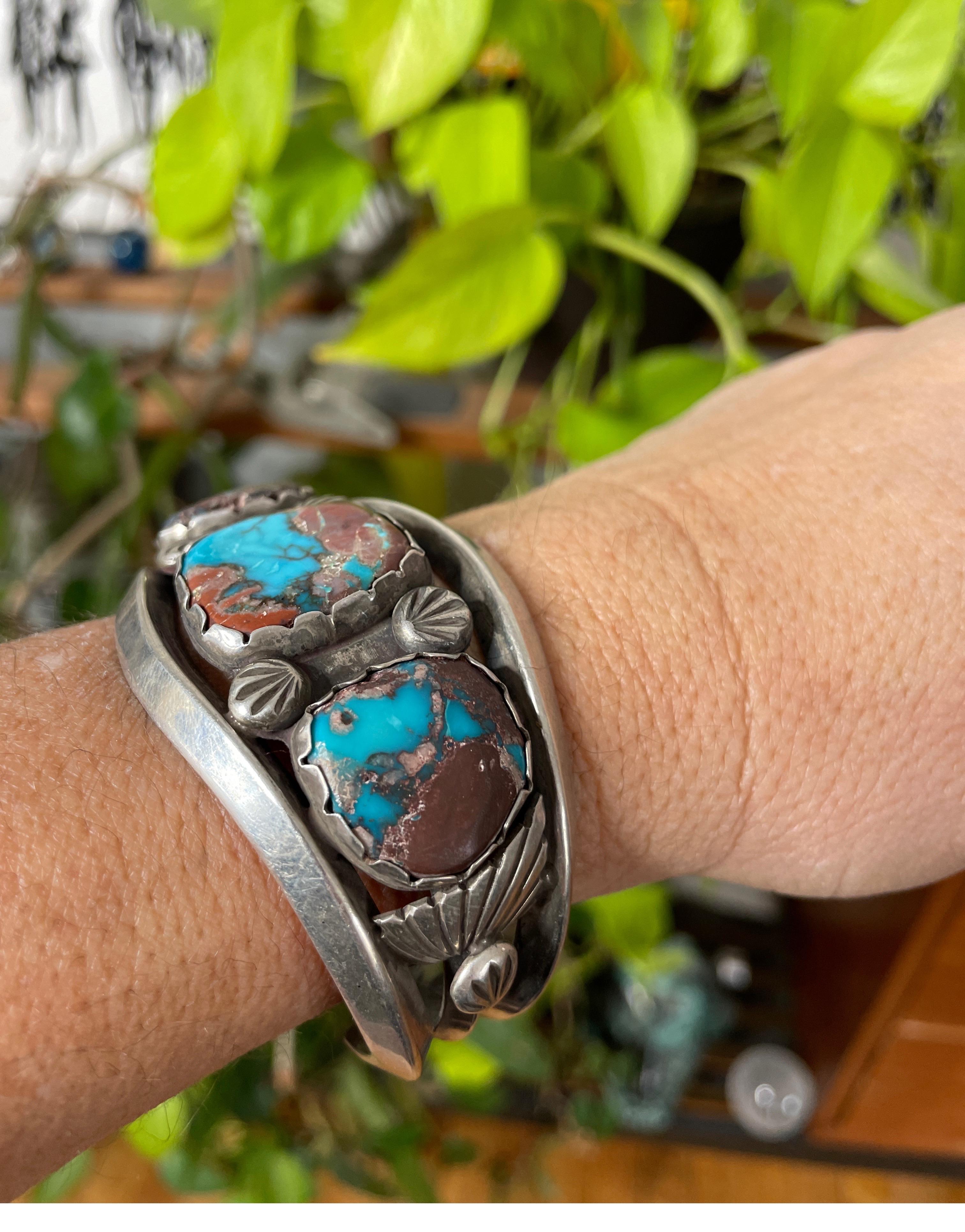 Vintage Navajo cuff Sterling Silver bracelet Old pawn turquoise Brown Matrix In Excellent Condition For Sale In Wallkill, NY