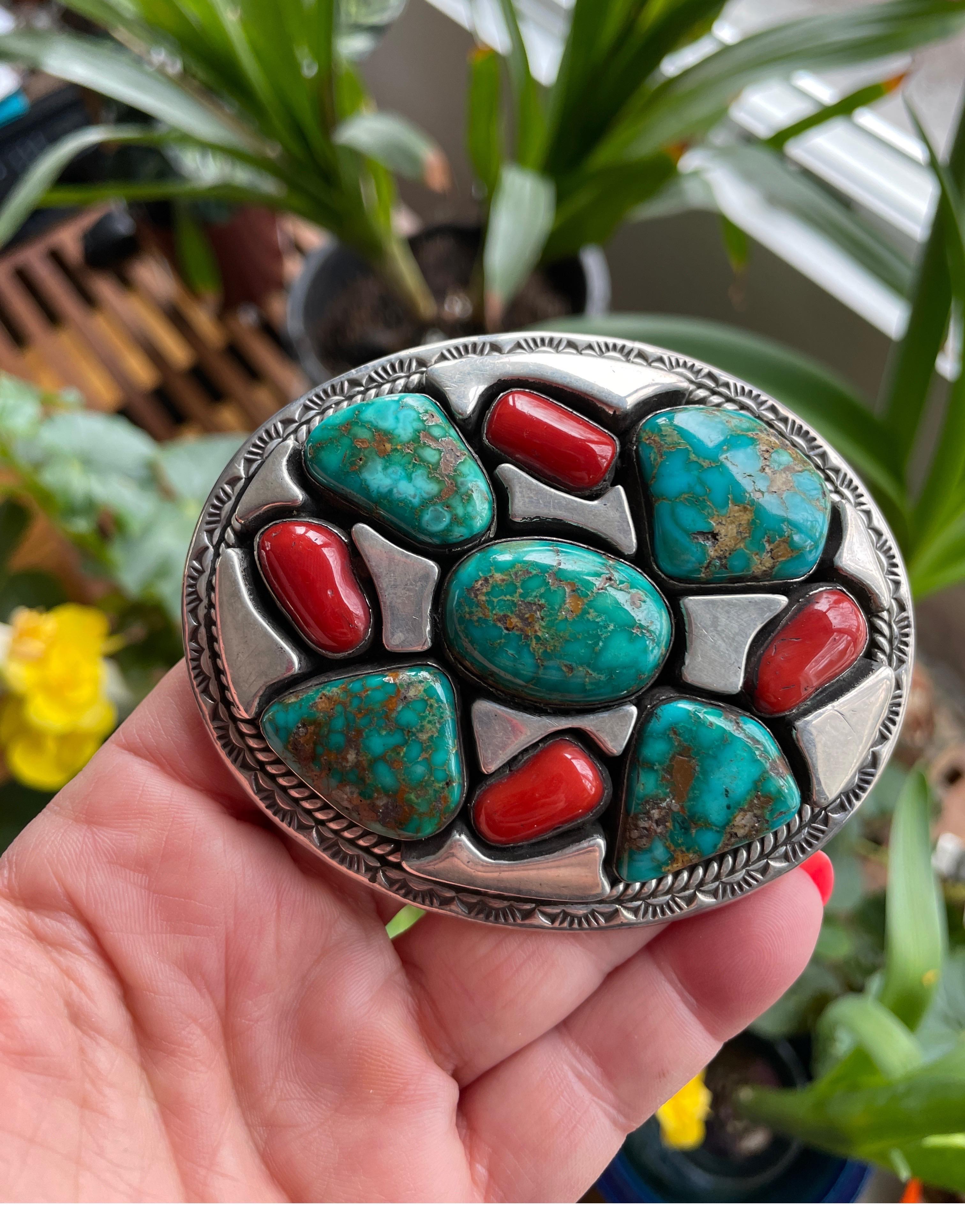  Sterling Silver Native American Turquoise and Coral Belt Buckle by Vandever In Good Condition For Sale In Wallkill, NY