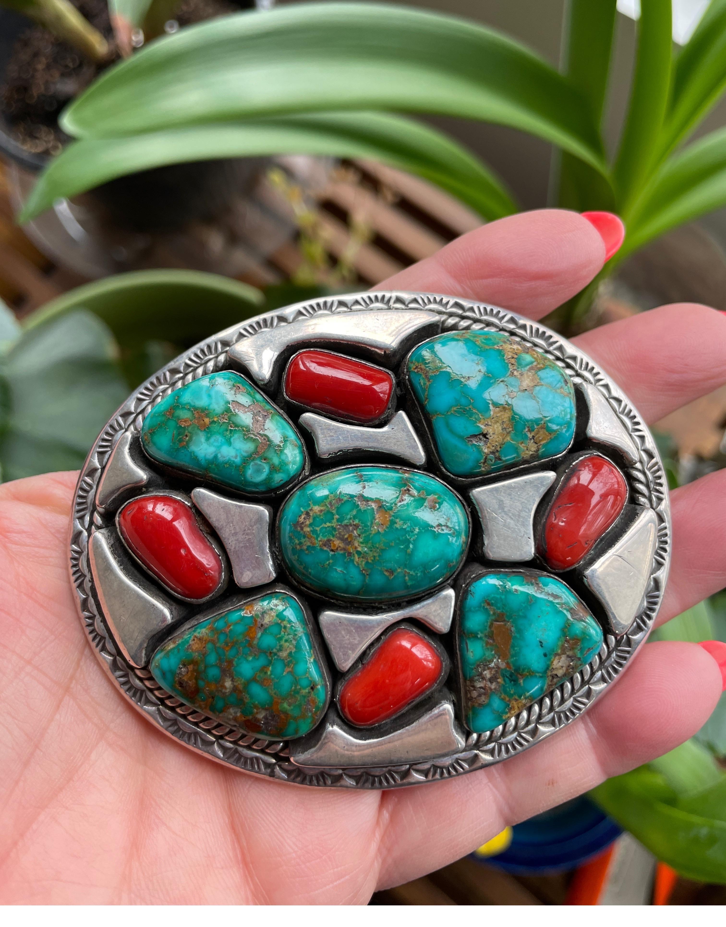 Women's or Men's  Sterling Silver Native American Turquoise and Coral Belt Buckle by Vandever For Sale