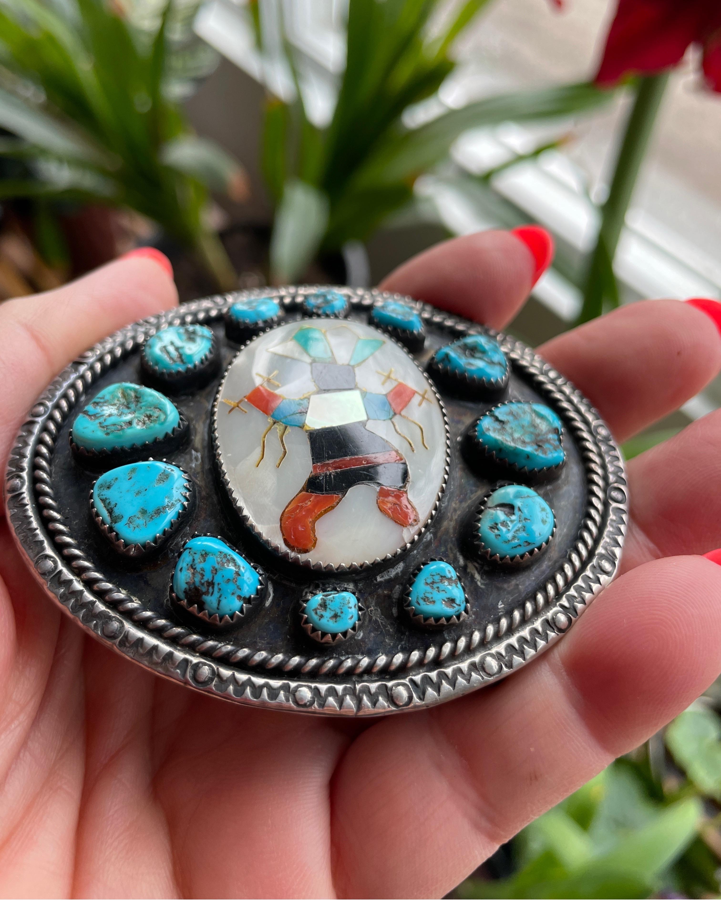 Native American Sterling Silver Belt Buckle Pawn Zuni LBJ Navajo Spiderweb Turquoise For Sale