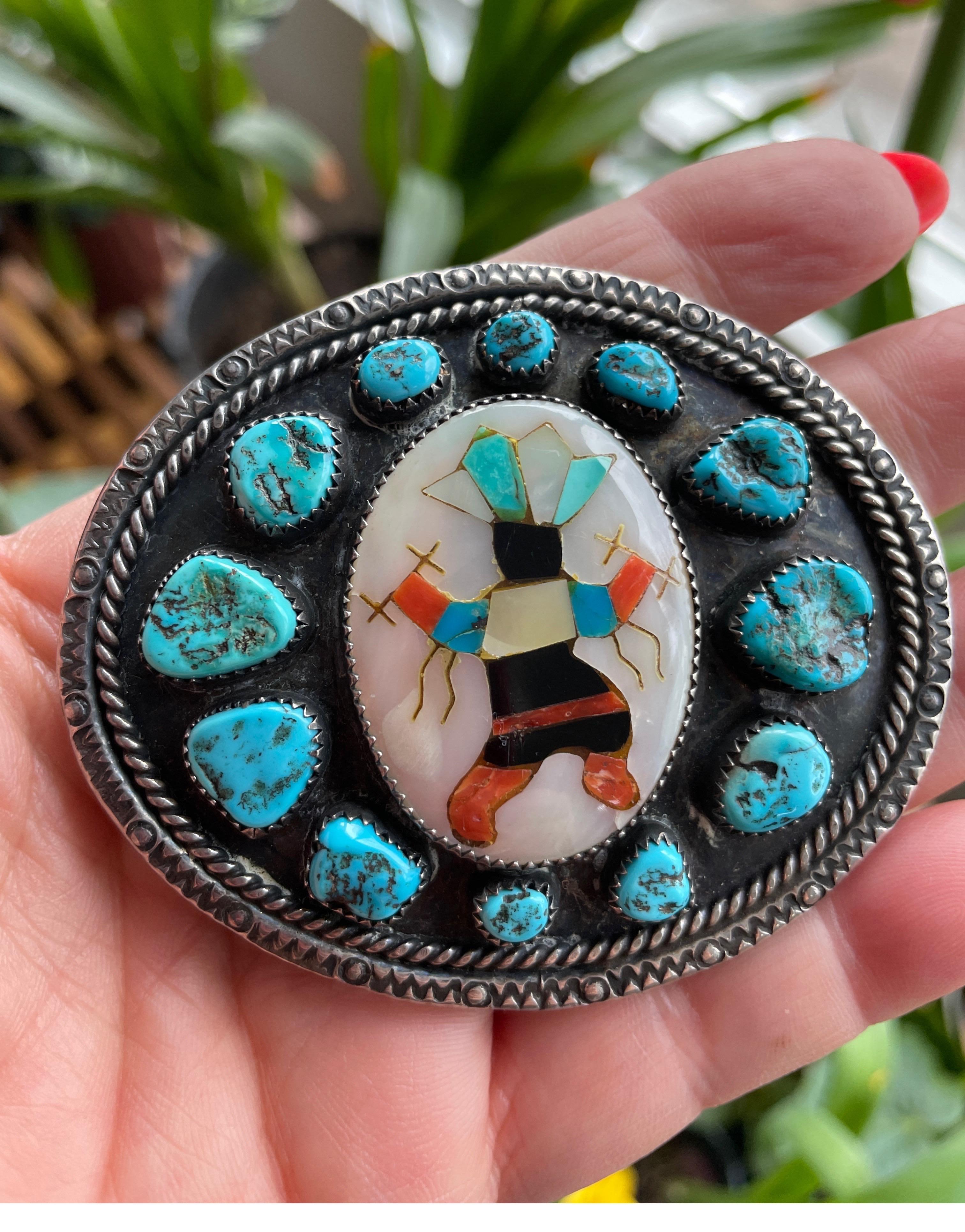 Sterling Silver Belt Buckle Pawn Zuni LBJ Navajo Spiderweb Turquoise In Good Condition For Sale In Wallkill, NY