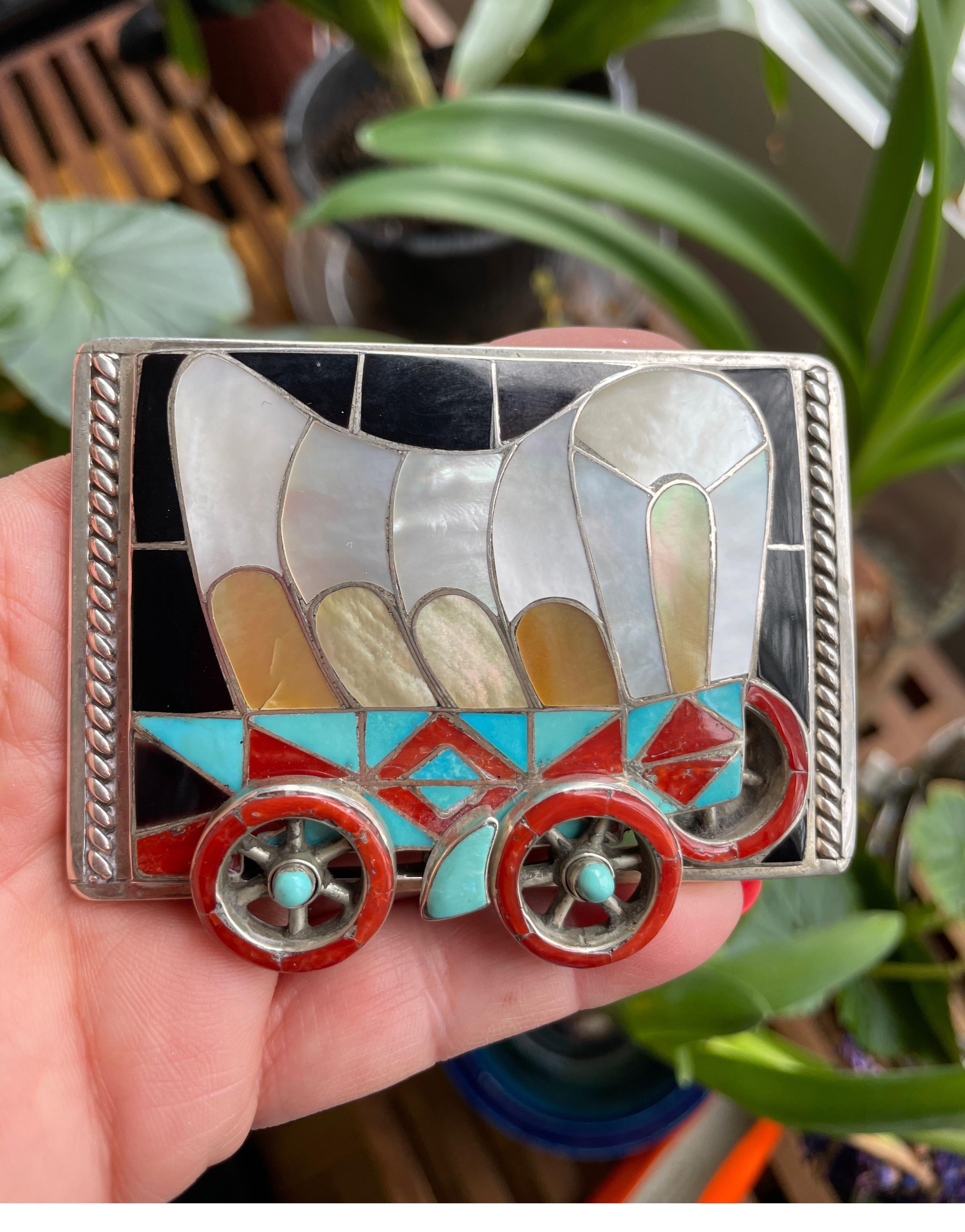 Cabochon Native American Helen & Lincoln Zunie Wagon Sterling Silver Belt Buckle For Sale