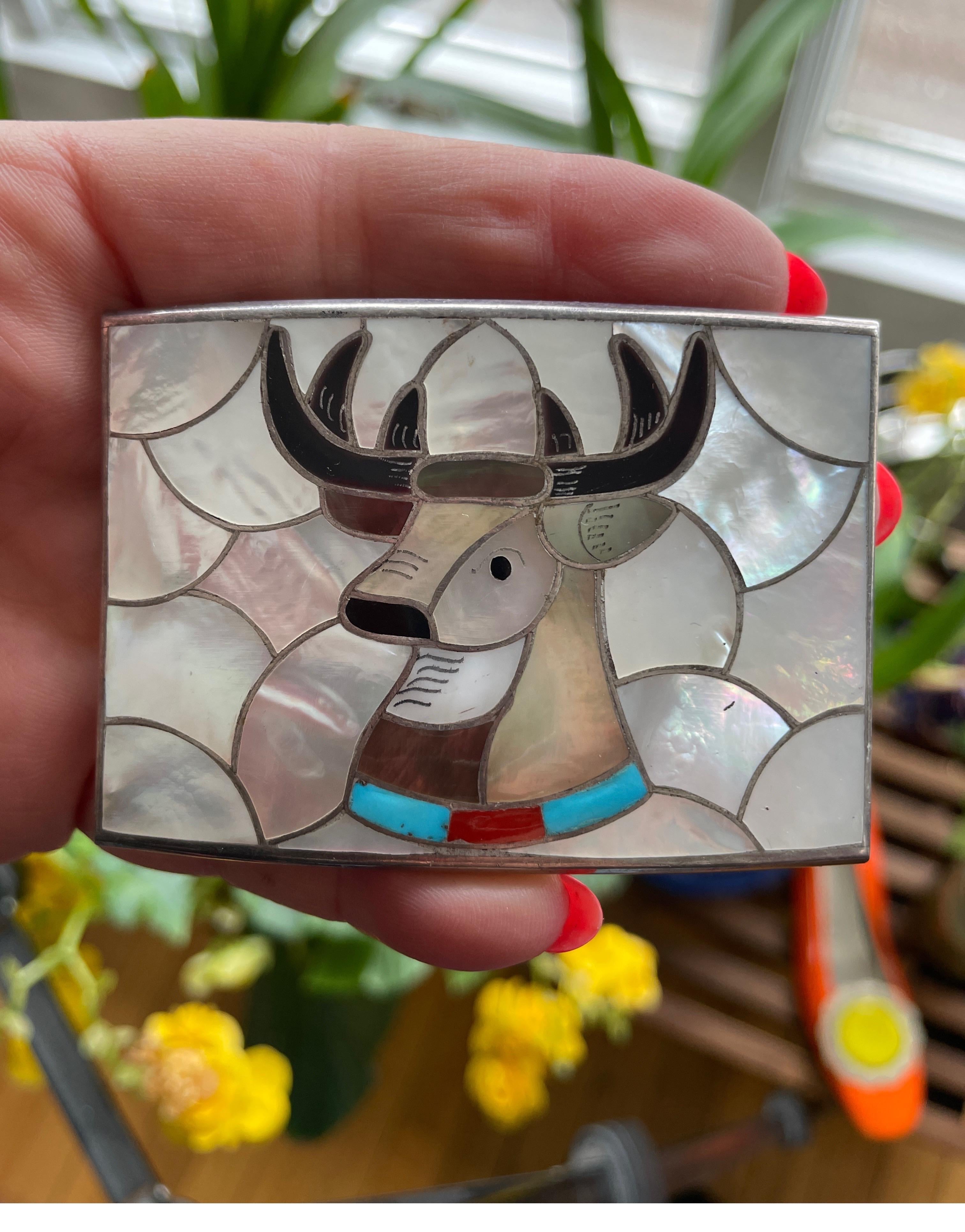 Sterling Silver Zuni Moose INLAY Belt Buckle PORFILIO ANN SHEYKA Native American In Good Condition For Sale In Wallkill, NY