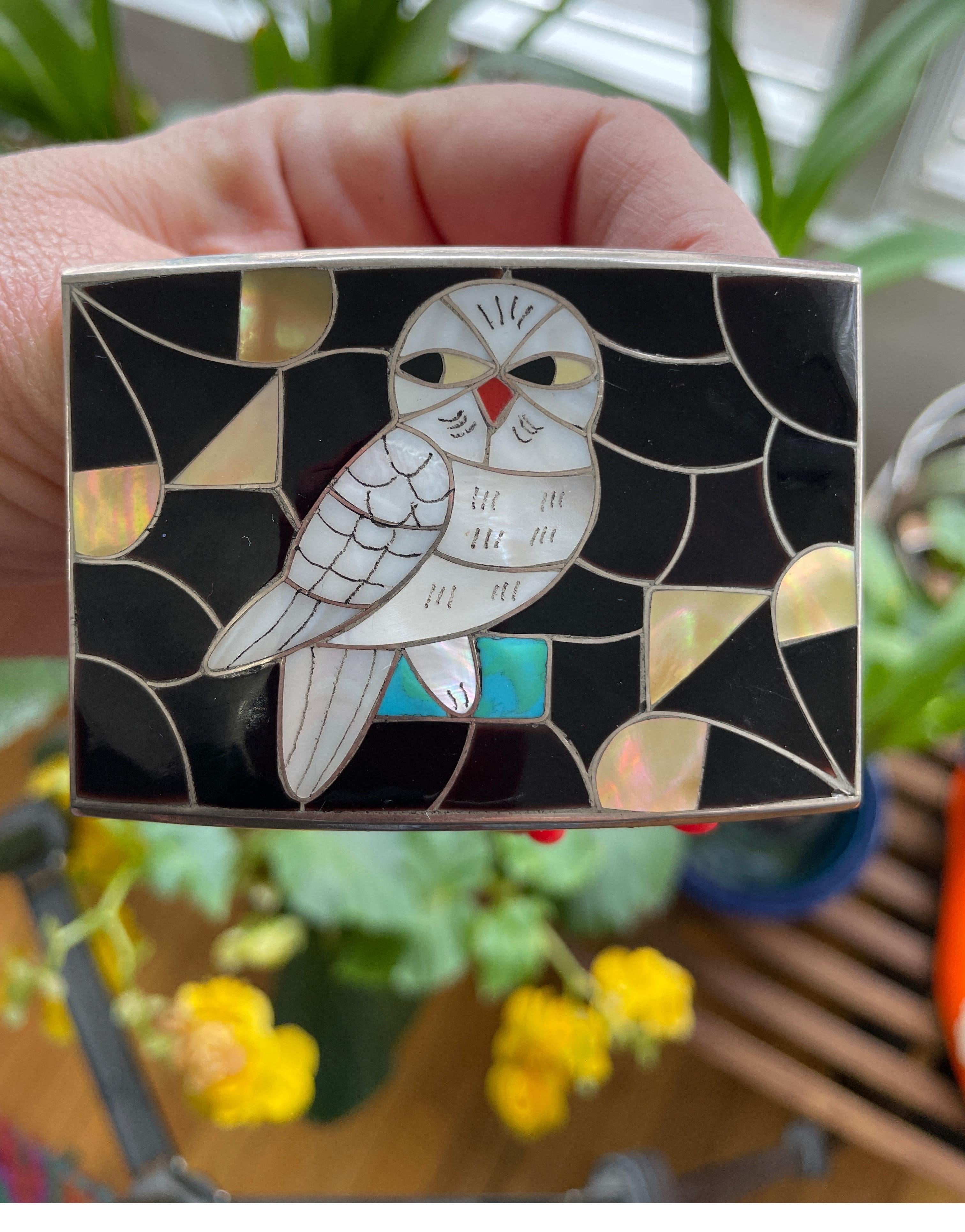 PORFILIO & ANN SHEYKA Native American Owl Zuni INLAY Sterling Silver Belt Buckle In Good Condition For Sale In Wallkill, NY