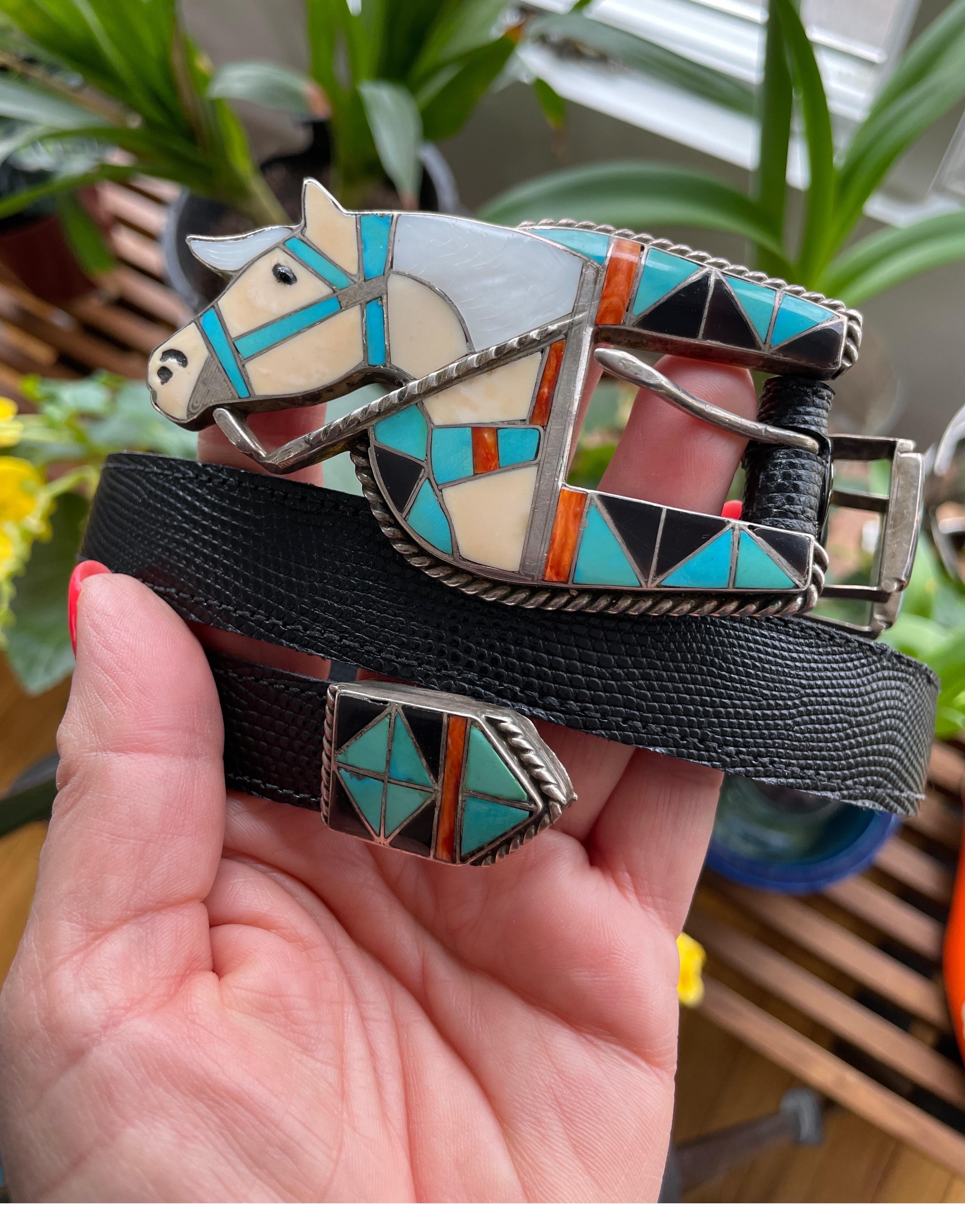 Sterling Silver Southwestern Zuni Inlaid Belt Buckle L H Zunie Turquoise In Good Condition For Sale In Wallkill, NY