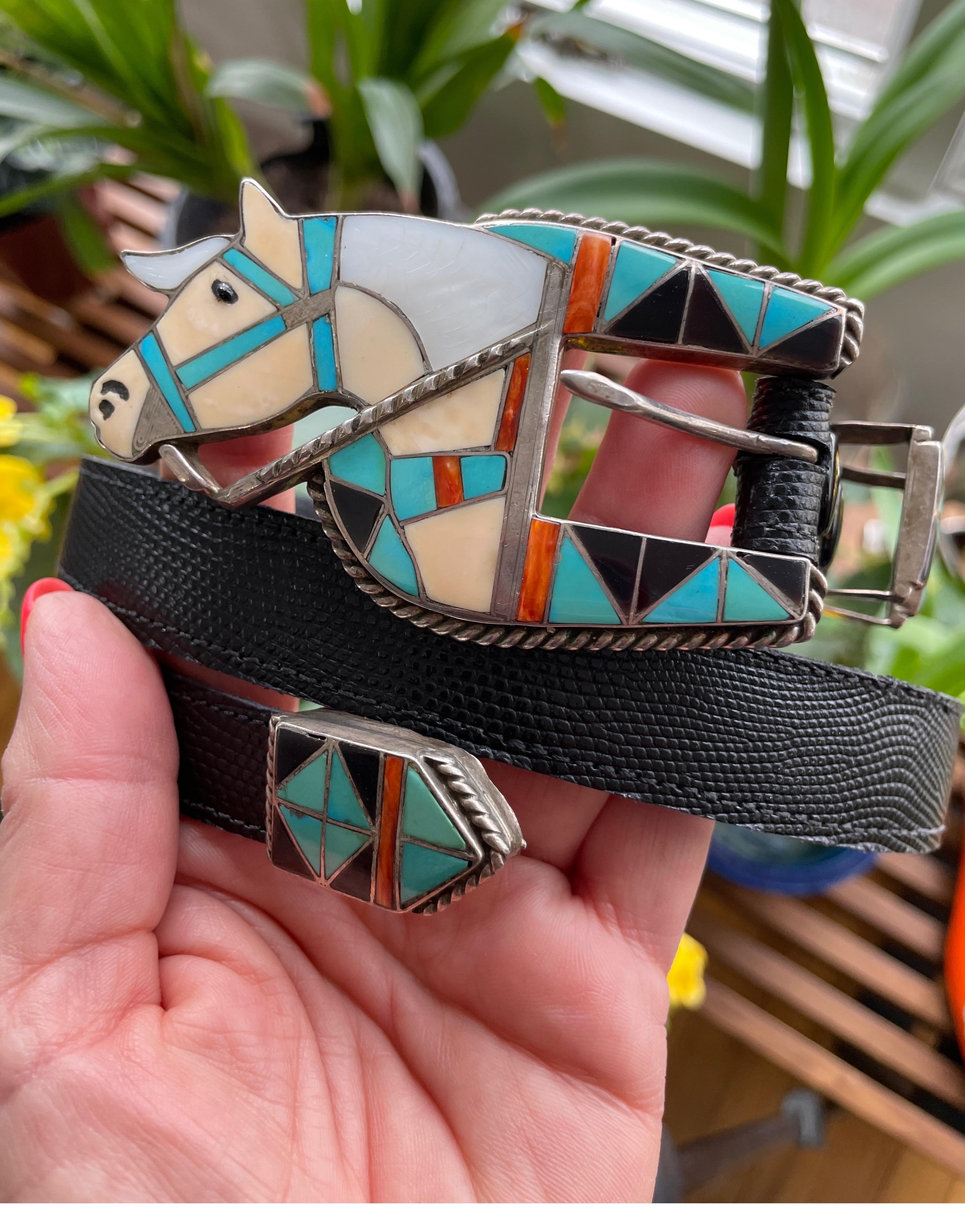 Women's or Men's Sterling Silver Southwestern Zuni Inlaid Belt Buckle L H Zunie Turquoise  For Sale