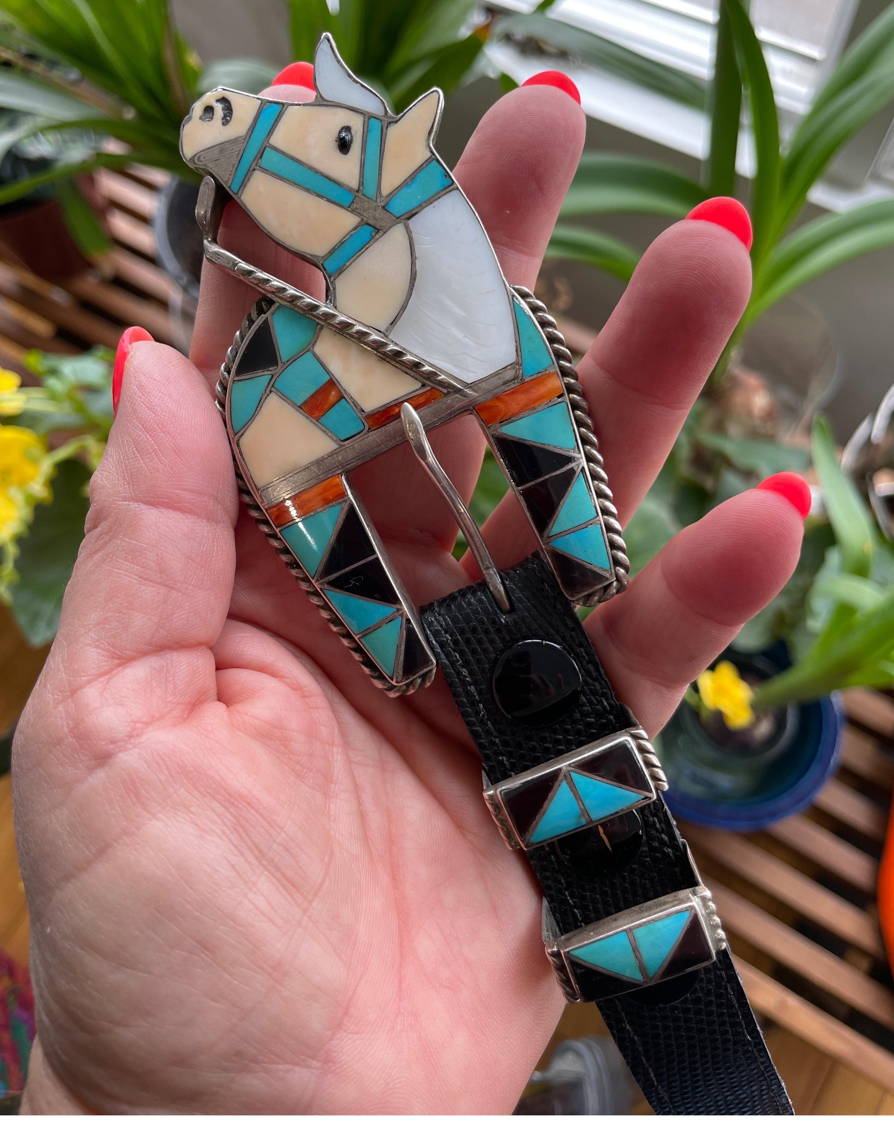 Sterling Silver Southwestern Zuni Inlaid Belt Buckle L H Zunie Turquoise  For Sale 1