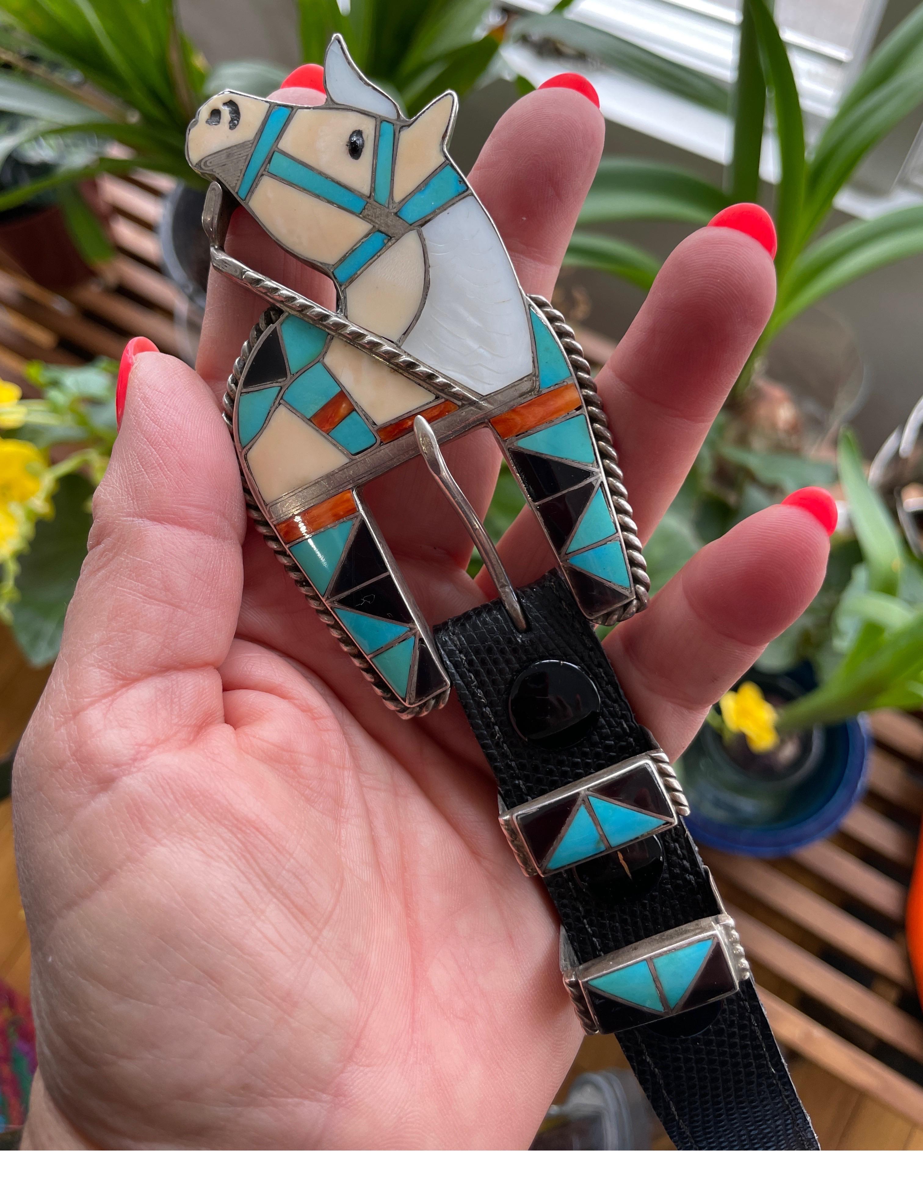 Sterling Silver Southwestern Zuni Inlaid Belt Buckle L H Zunie Turquoise For Sale 1