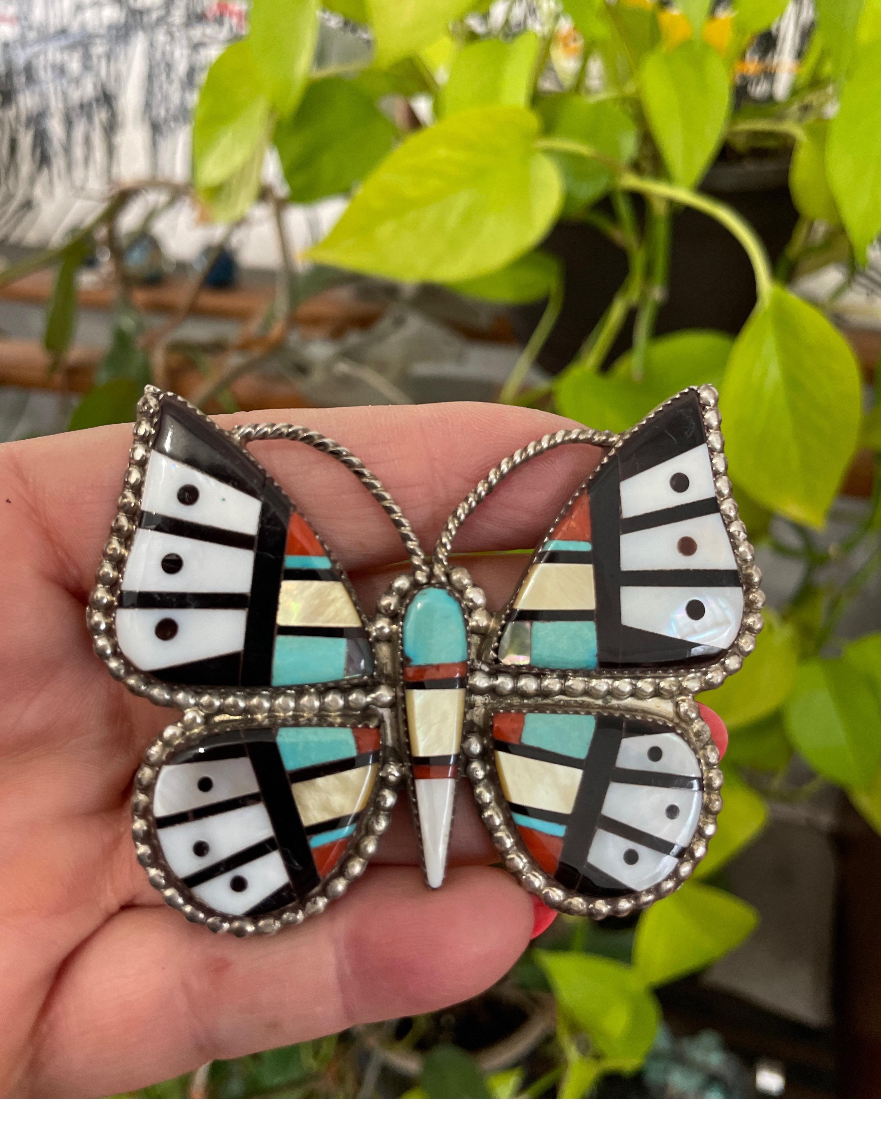 Native American Sterling Butterfly Brooch Pin Pendant Coral Turquoise Onyx Zuni Oliver Cellicion For Sale