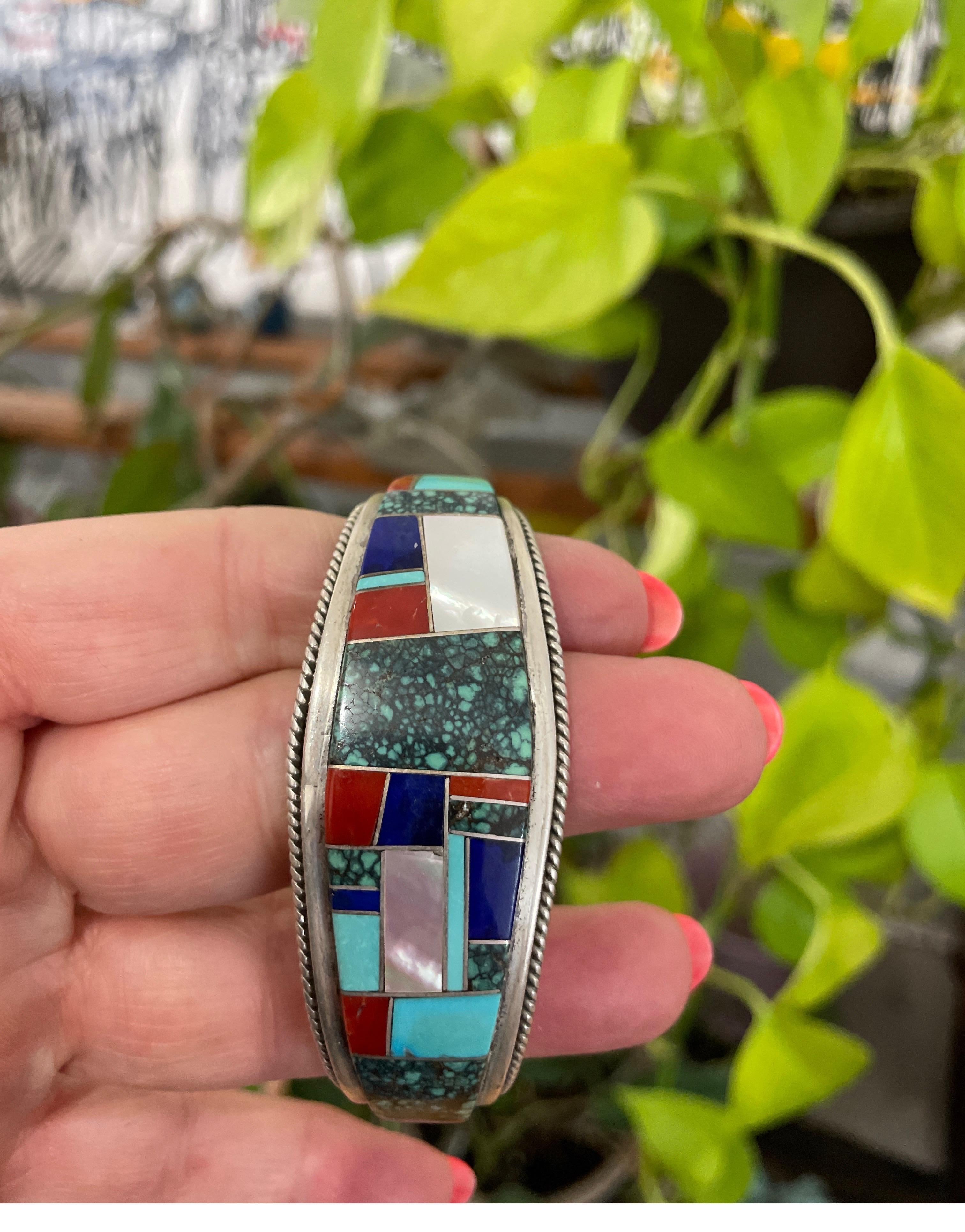  Sterling Silver Turquoise Lapis Coral Cuff Native American Zuni Bracelet For Sale 1