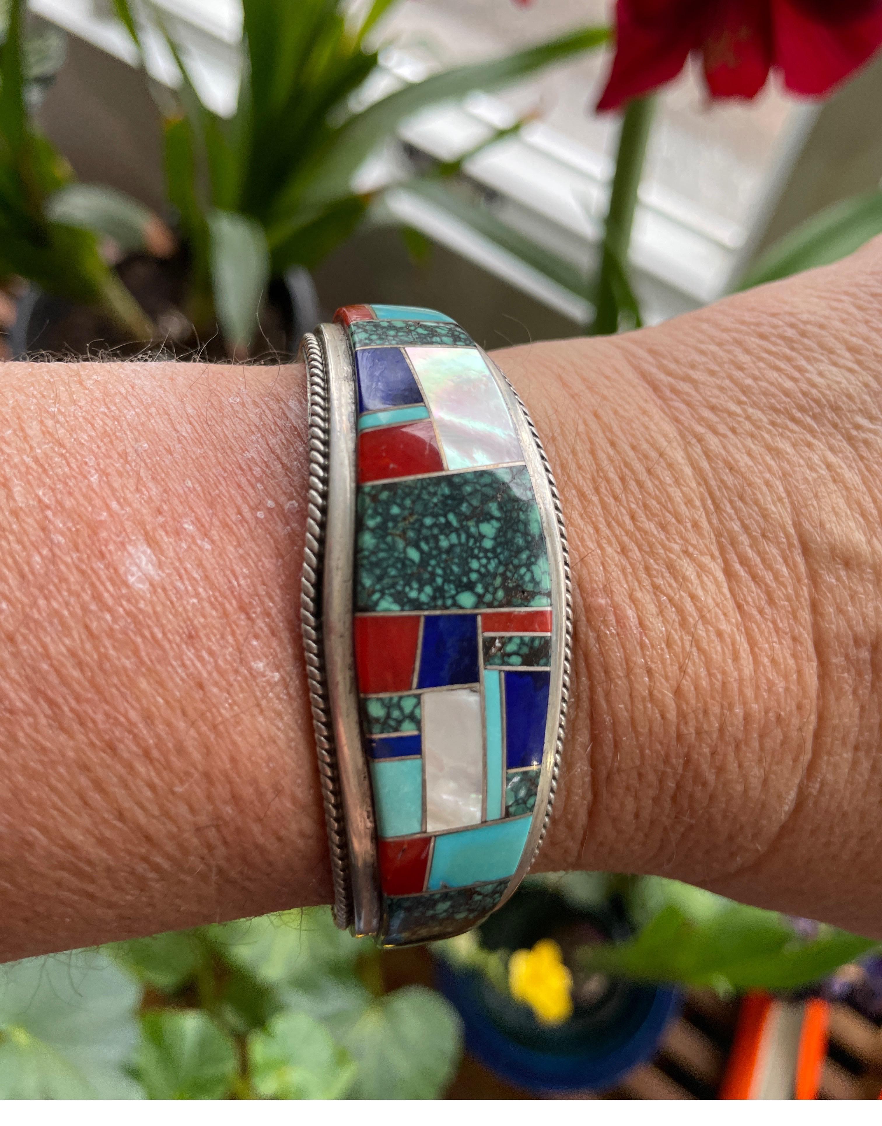  Sterling Silver Turquoise Lapis Coral Cuff Native American Zuni Bracelet For Sale 2
