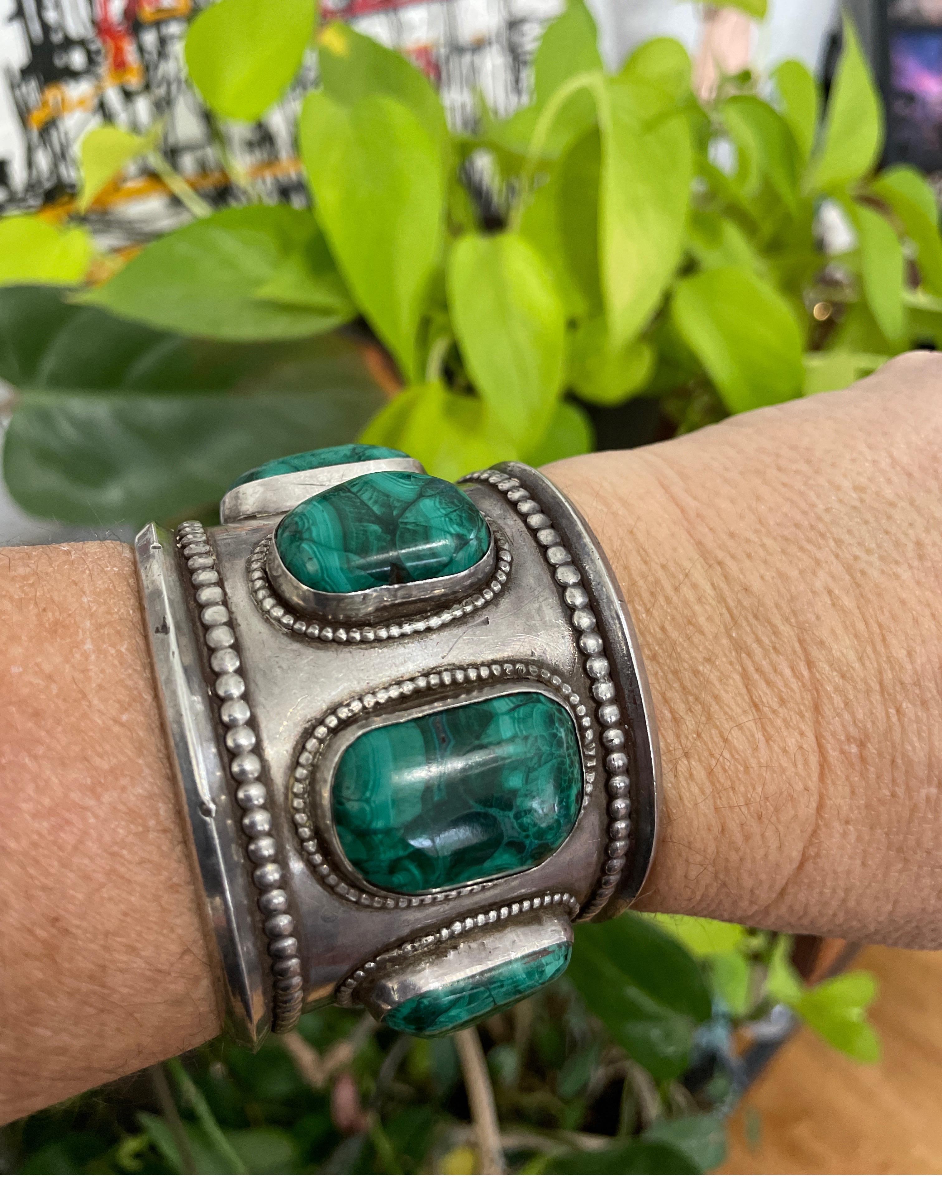 1950's Navajo Southwestern Sterling Malachite Massive Cuff Bracelet For Sale 1