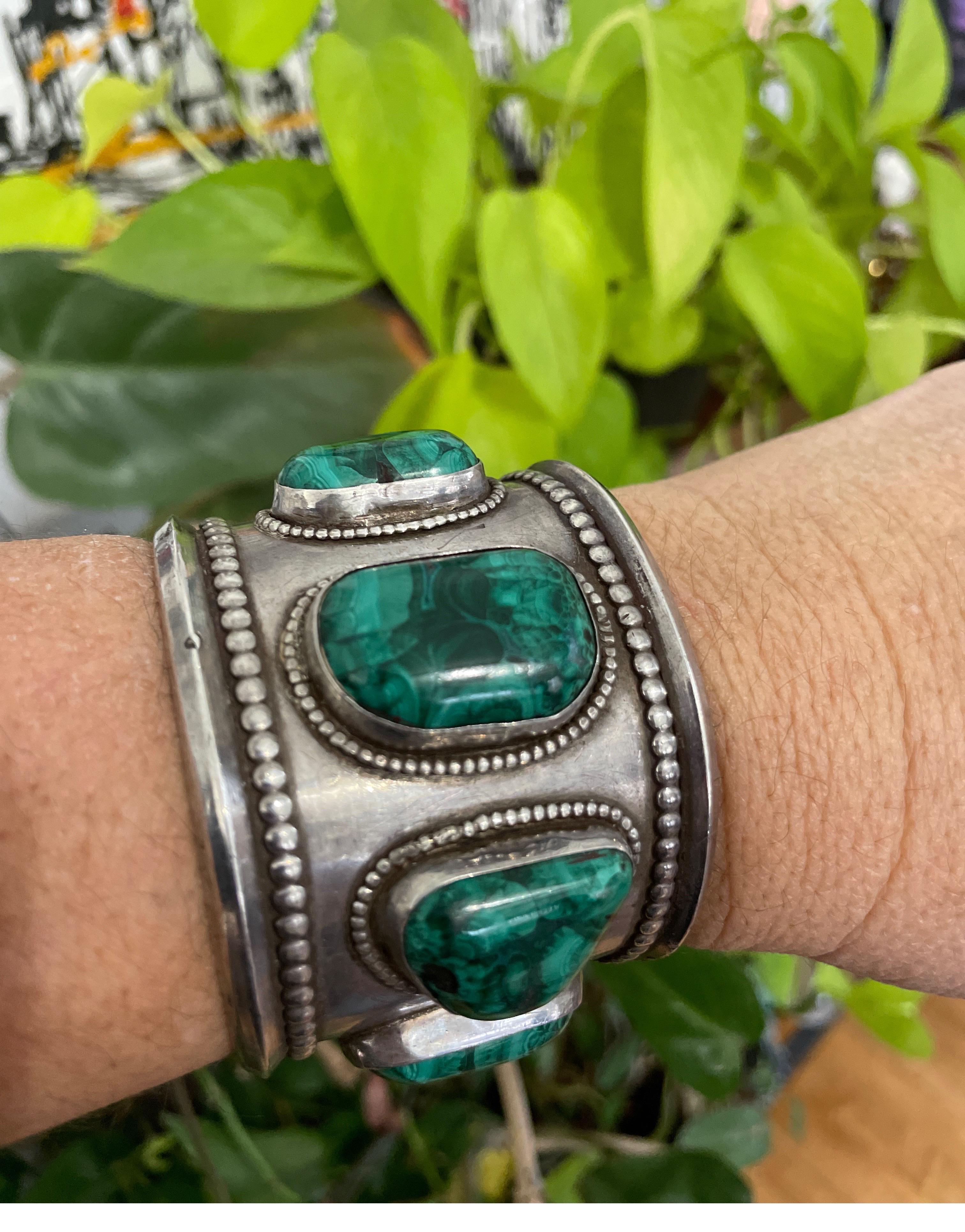 1950's Navajo Southwestern Sterling Malachite Massive Cuff Bracelet For Sale 2