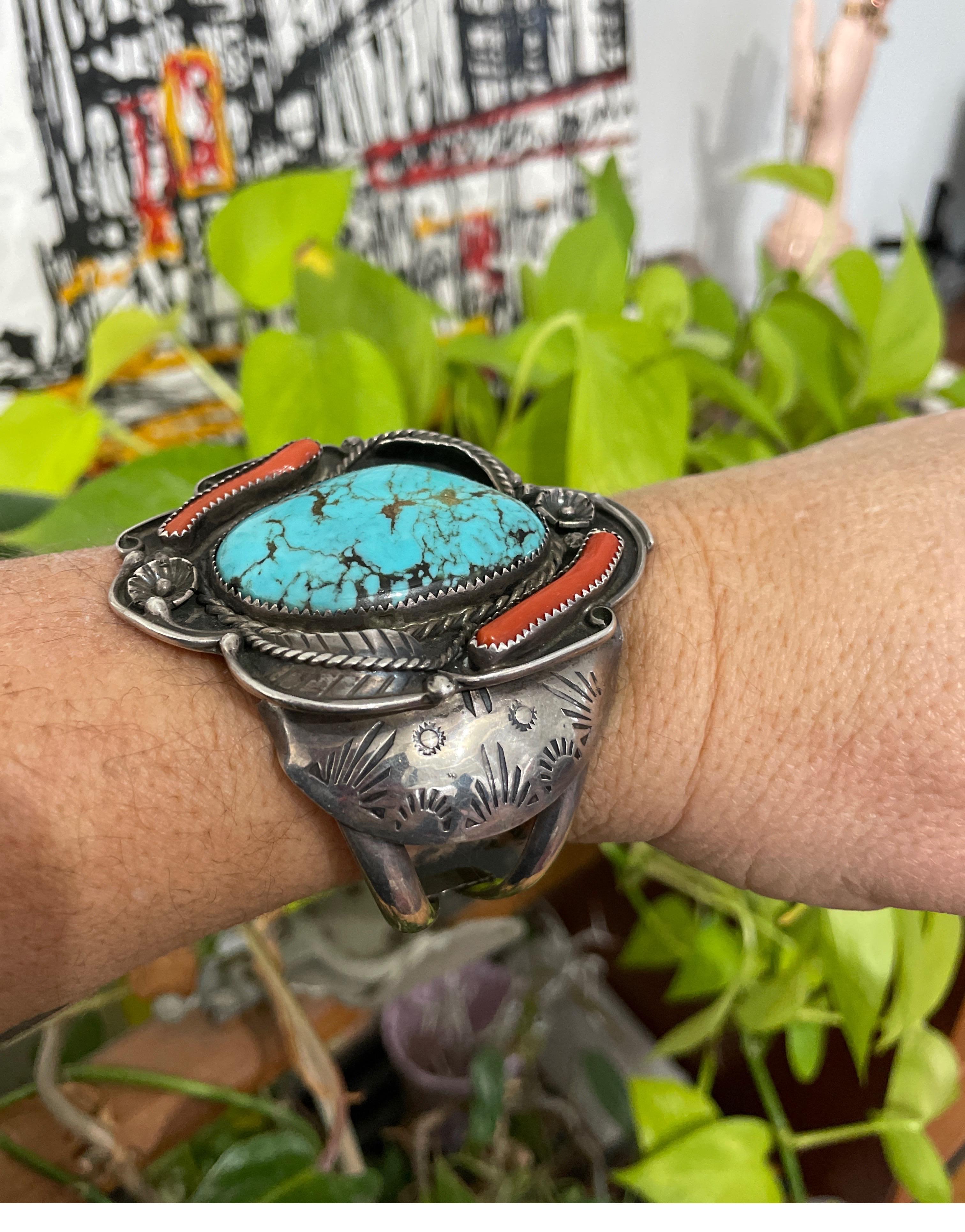 Sterling Silver Cuff Coral & Turquoise BRACELET Totem NAVAJO In Good Condition For Sale In Wallkill, NY