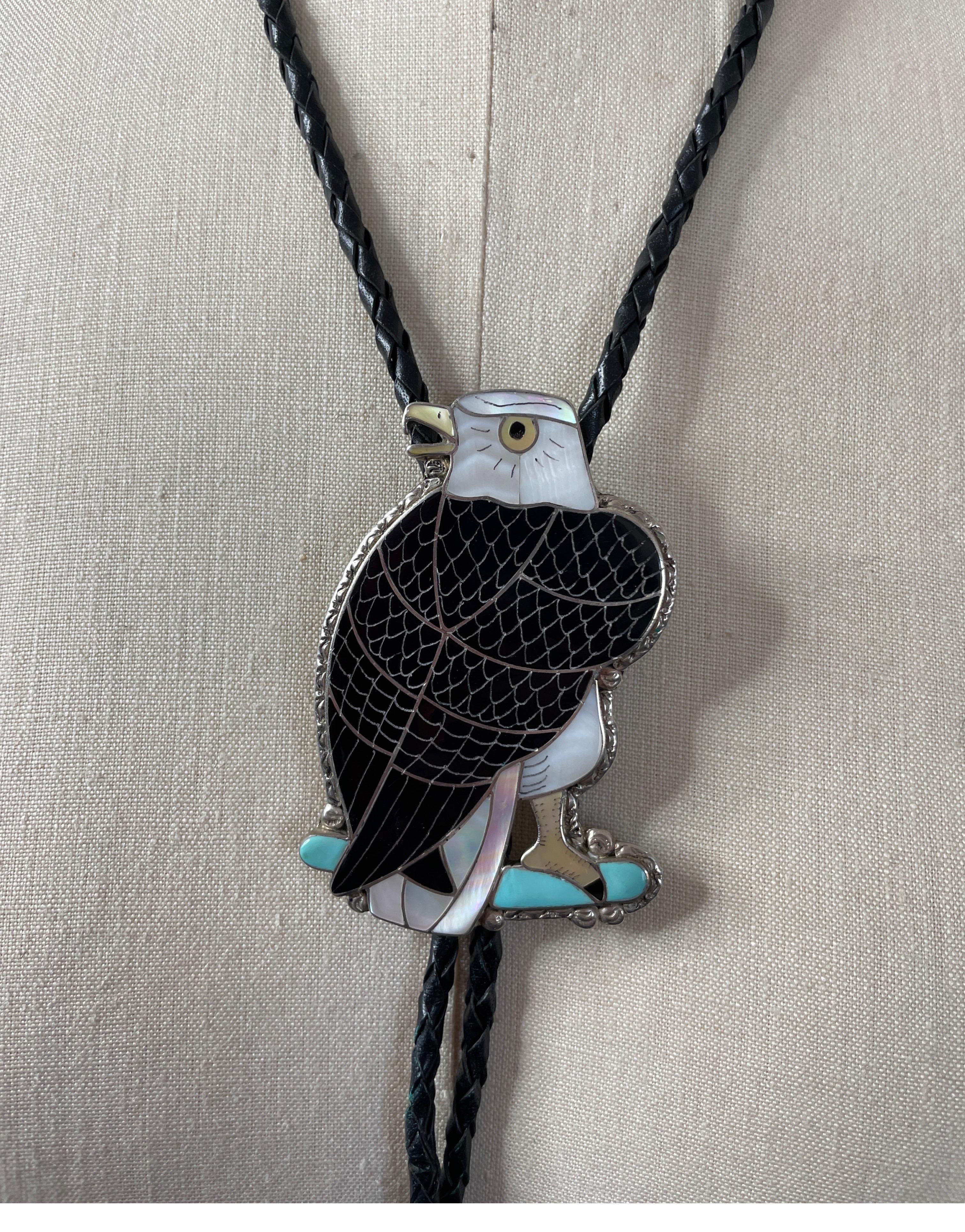 Black Sterling Silver Zuni Sheyka Eagle Bolo Tie Native American -Turquoise  For Sale