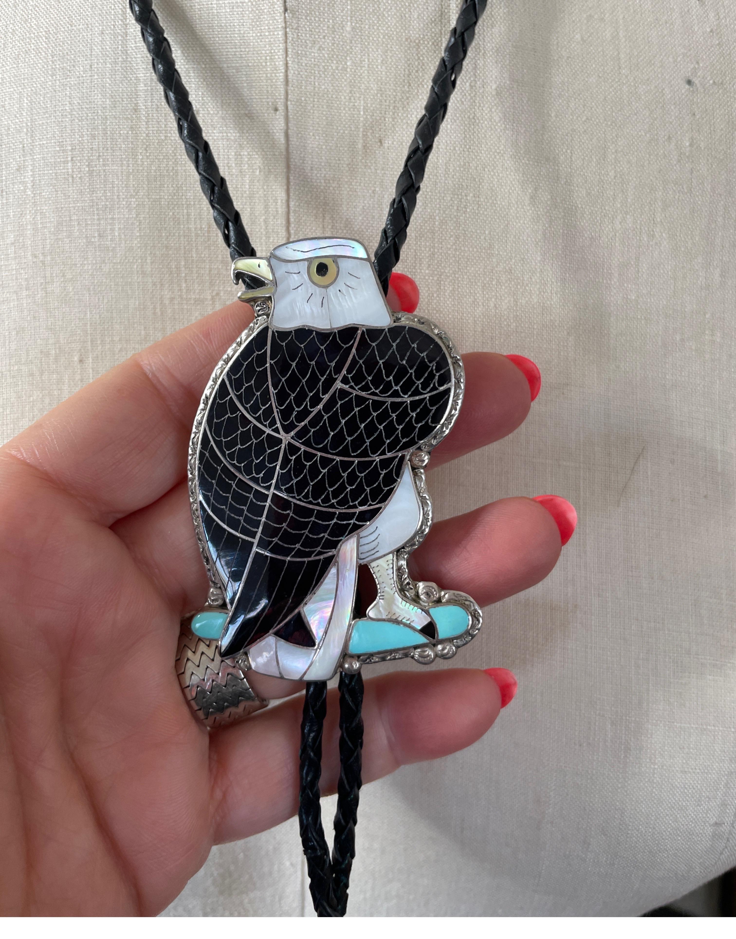 Sterling Silver Zuni Sheyka Eagle Bolo Tie Native American -Turquoise  In Good Condition For Sale In Wallkill, NY