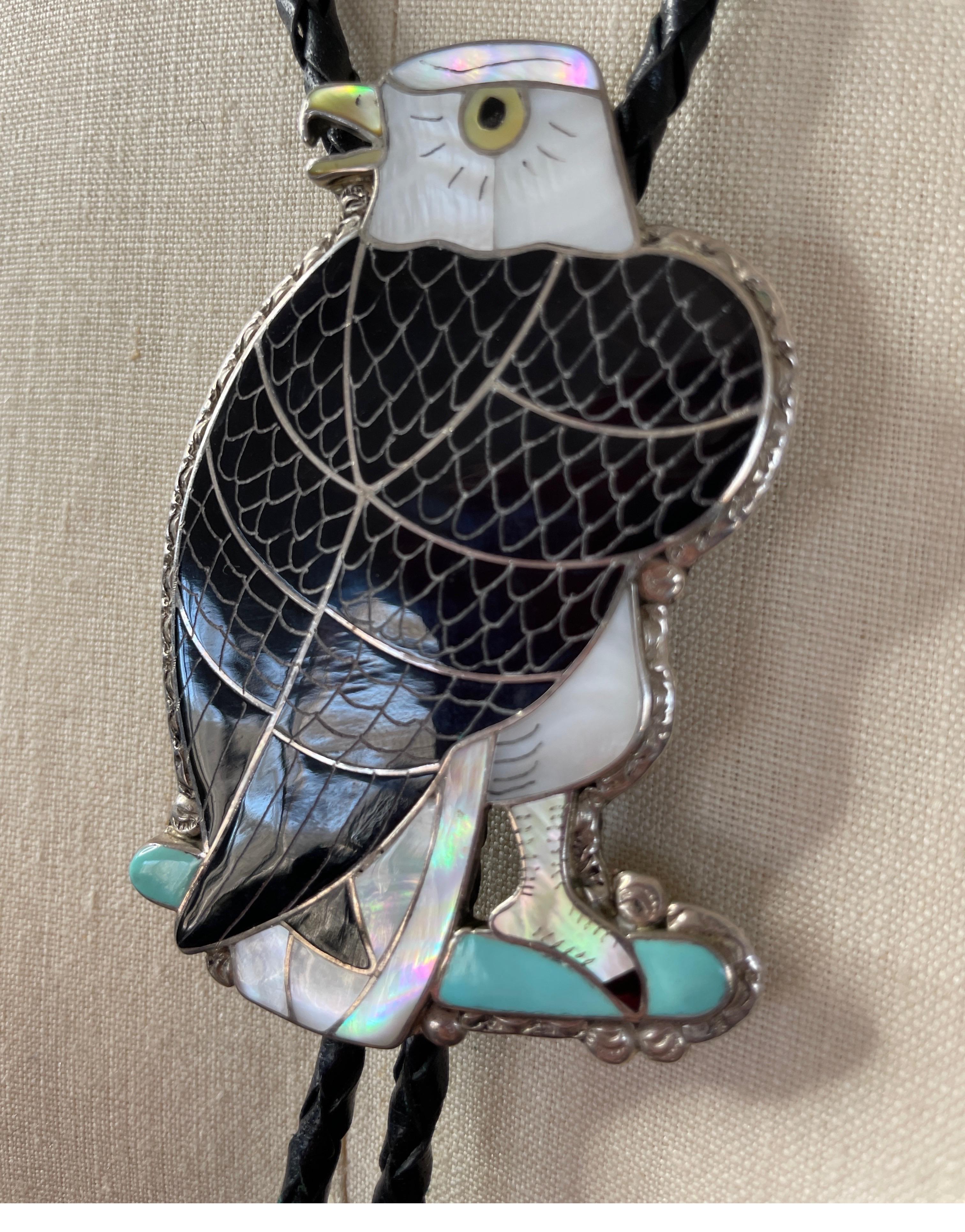 Zuni Sheyka Cravate Bolo en argent sterling avec aigle amérindien - Turquoise  en vente 3