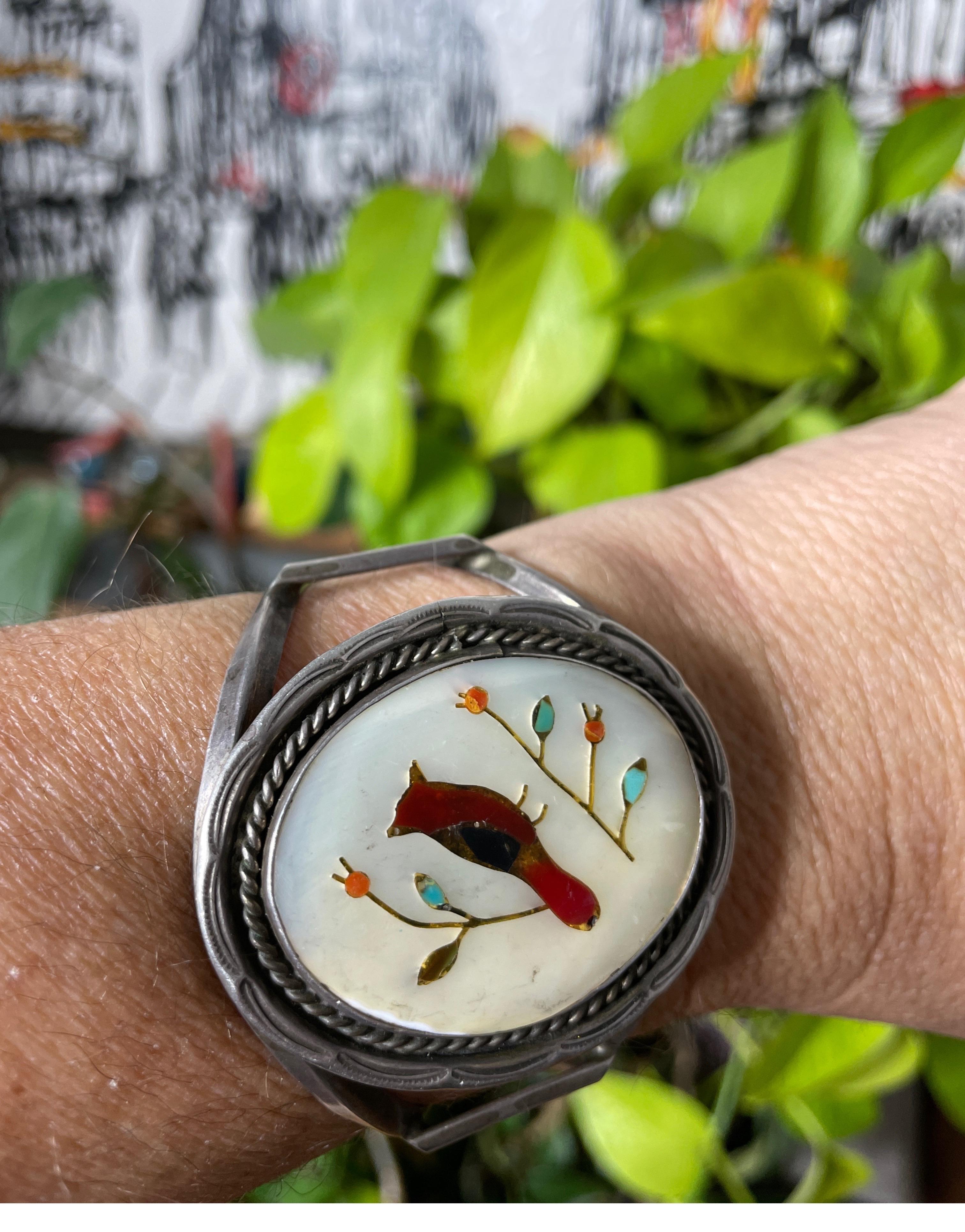 Southwestern Zuni Inlaid Turquoise Coral Bracelet 1960s Native American Jewelry For Sale 4