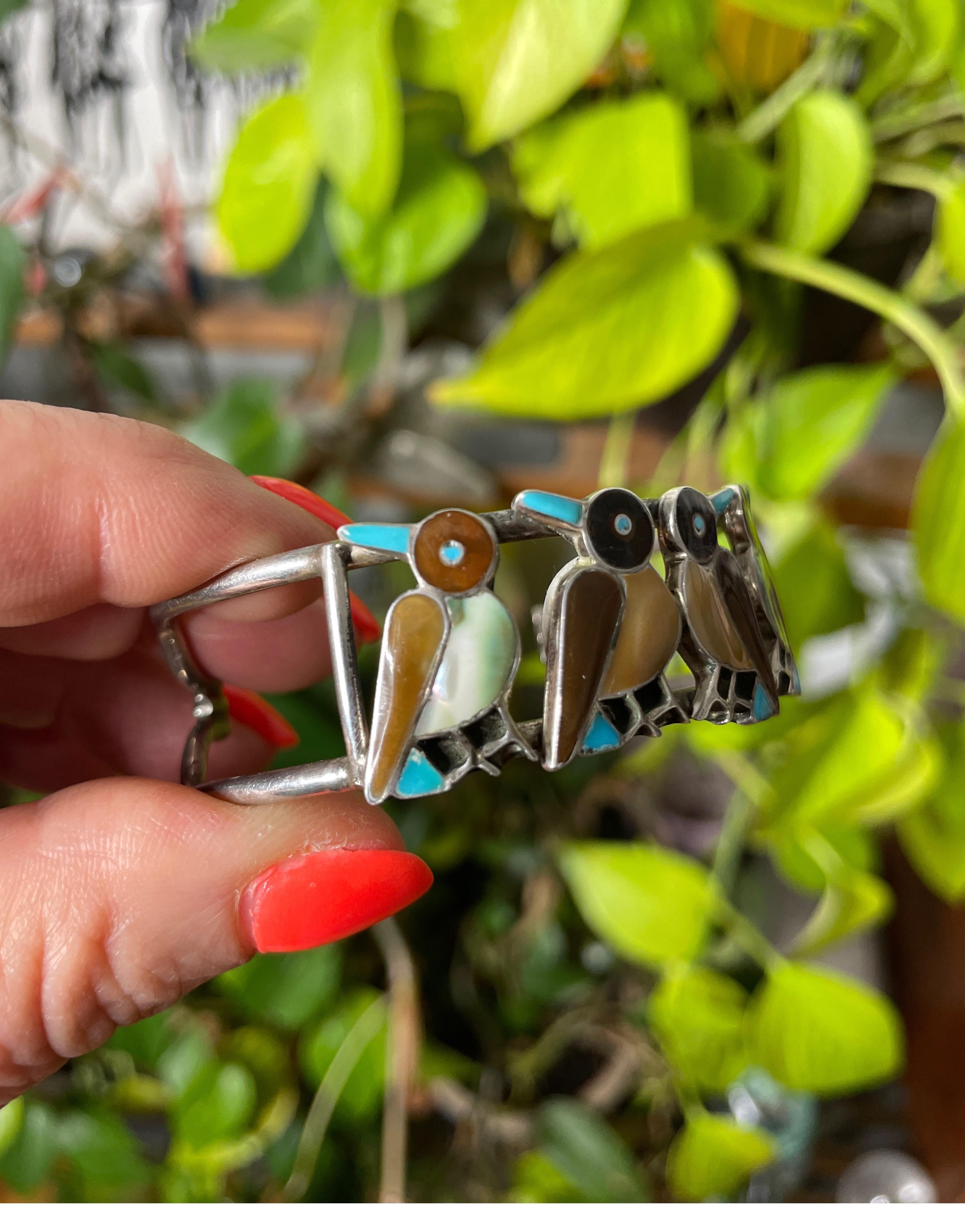 Tumbled Sterling silver Zuni Bird Inlaid Cuff Bracelet, 1970s Pawn Native American  For Sale