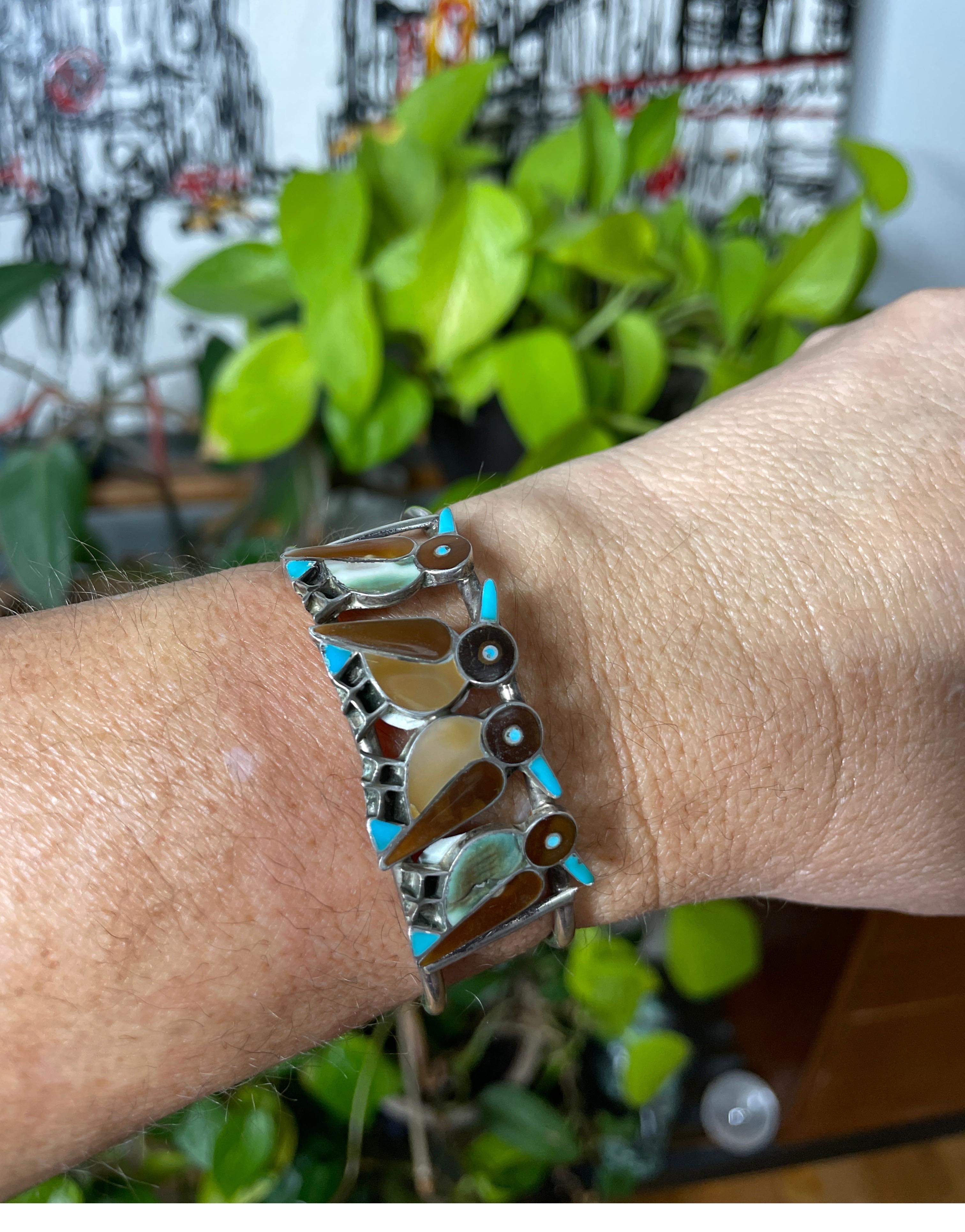 Sterling silver Zuni Bird Inlaid Cuff Bracelet, 1970s Pawn Native American  In Excellent Condition For Sale In Wallkill, NY