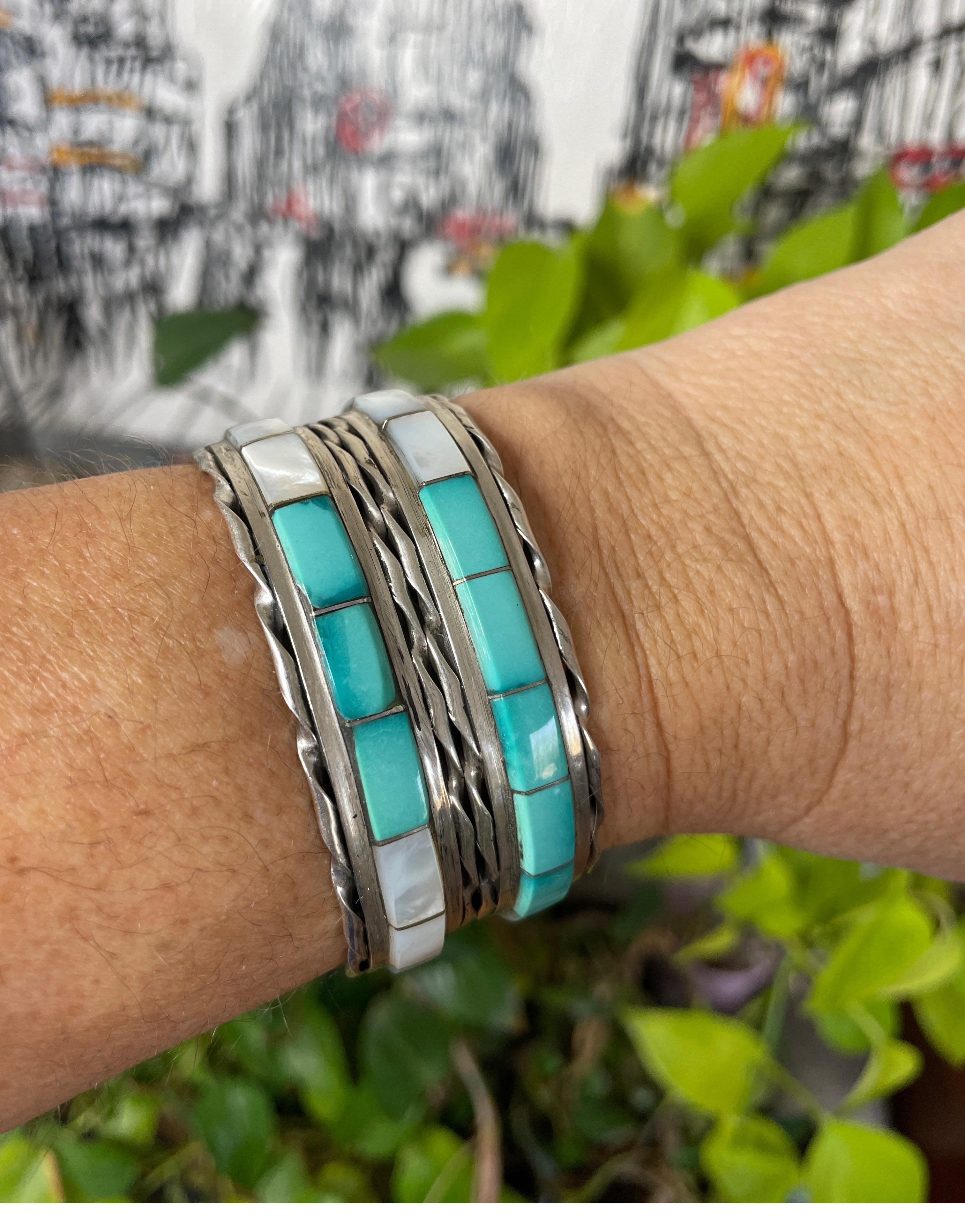 Women's Sterling silver Zuni Mother of Pearl & Turquoise Cuff Bracelet Native American  For Sale