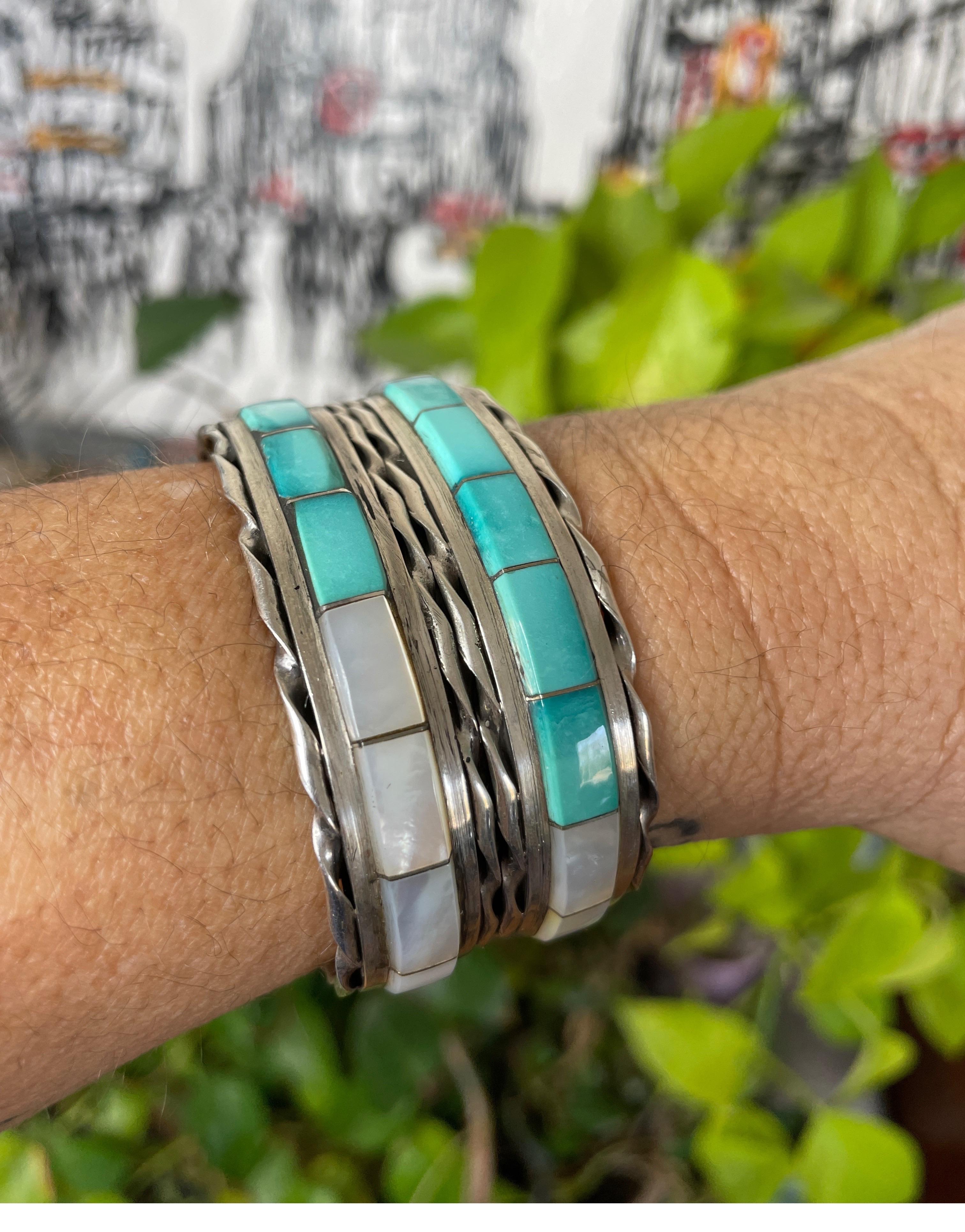 Sterling silver Zuni Mother of Pearl & Turquoise Cuff Bracelet Native American  For Sale 1