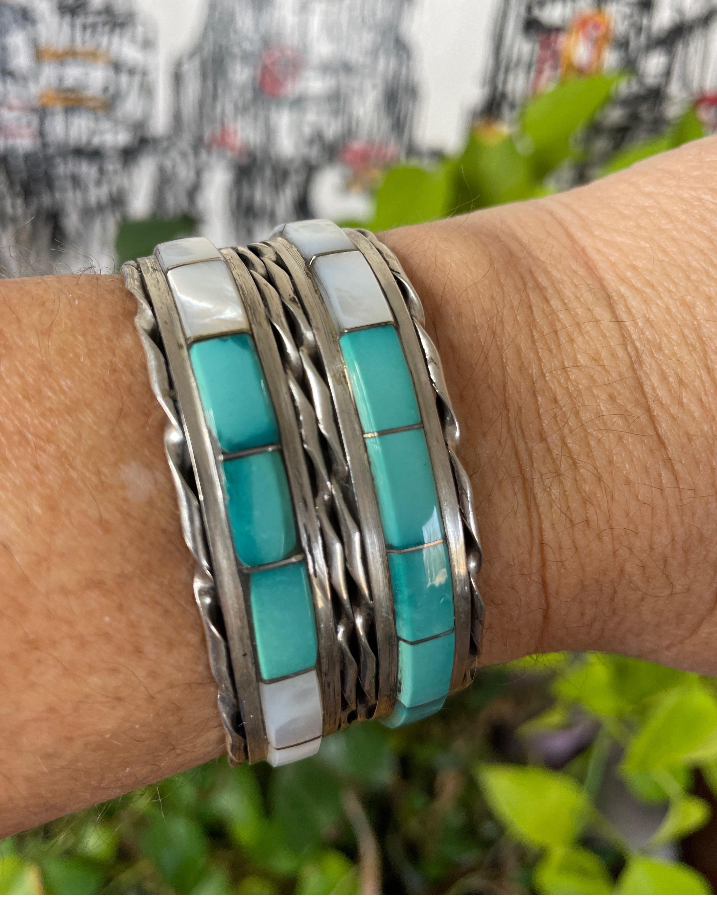 Sterling silver Zuni Mother of Pearl & Turquoise Cuff Bracelet Native American  For Sale 2
