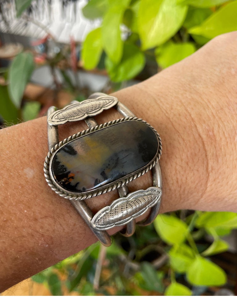 Master Of Silver Work Vintage Native American Navajo Petrified Wood Sterling Bracelet Master Of Silver Work Vintage Native American Navajo Petrified Wood Sterling Bracelet
