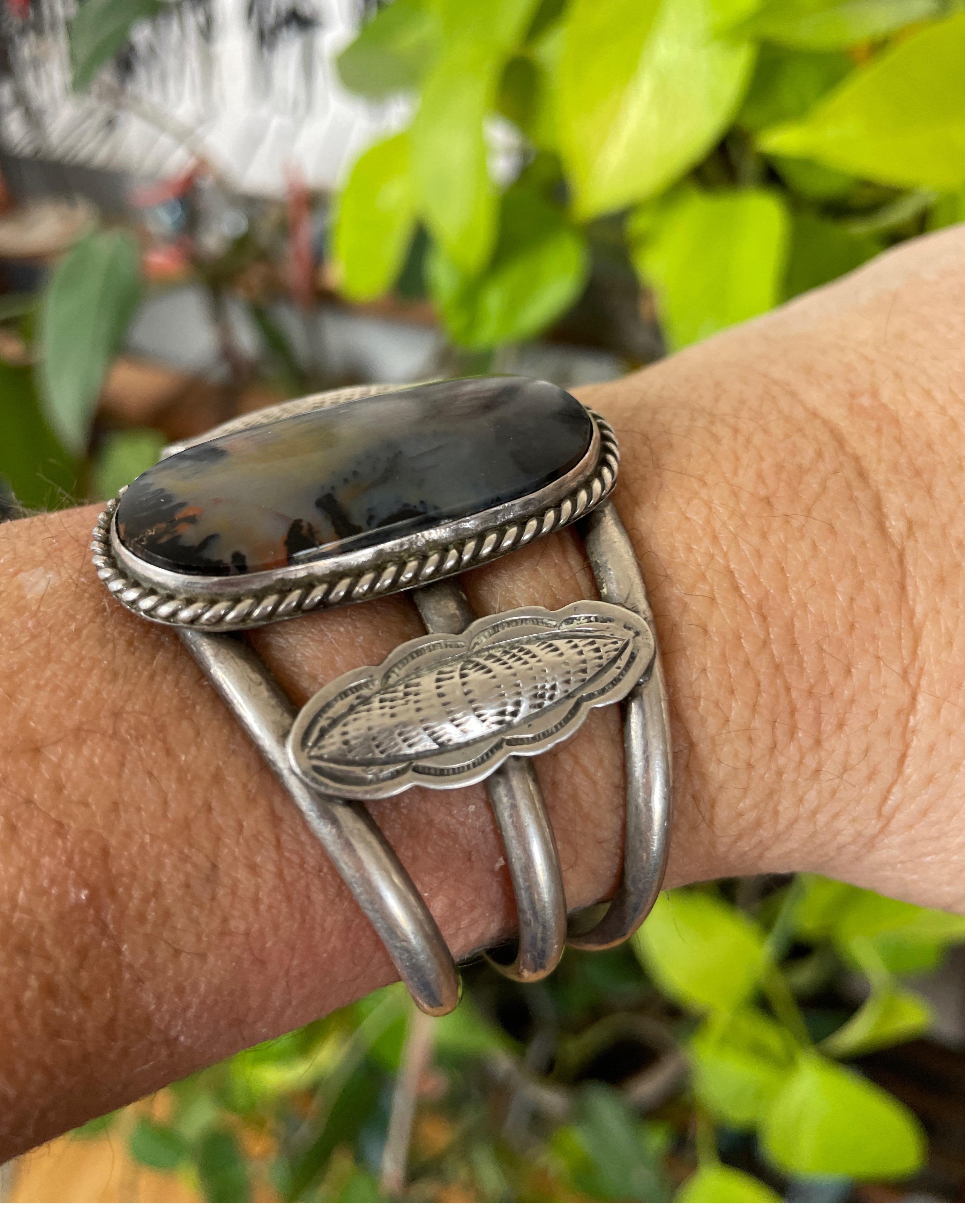 Scenic Navajo petrified wood Sterling Silver 3 wire Cuff Bracelet For Sale 1
