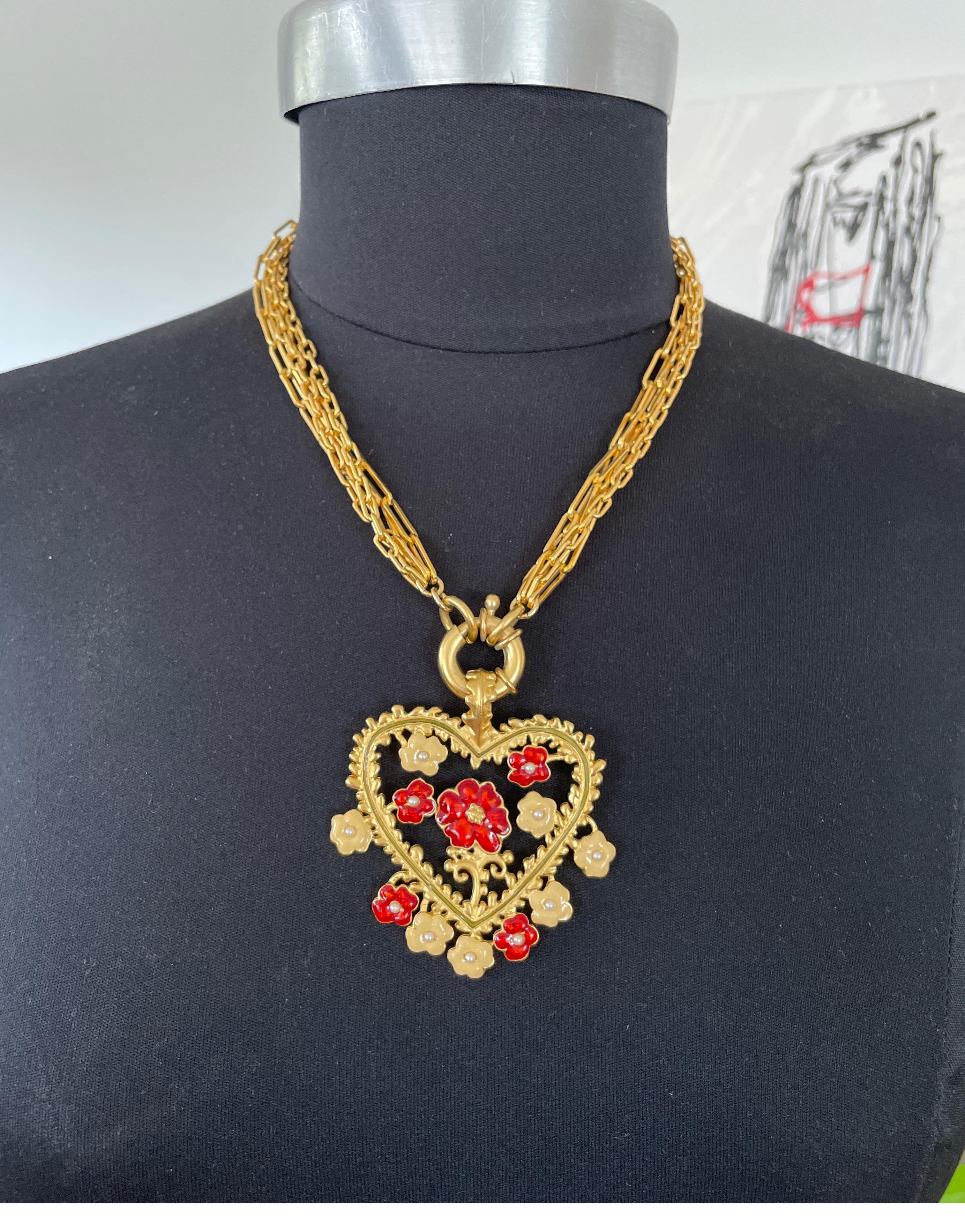 Karl Lagerfeld Red and Tan Enamel New Never worn Heart Necklace 1990s   For Sale 2