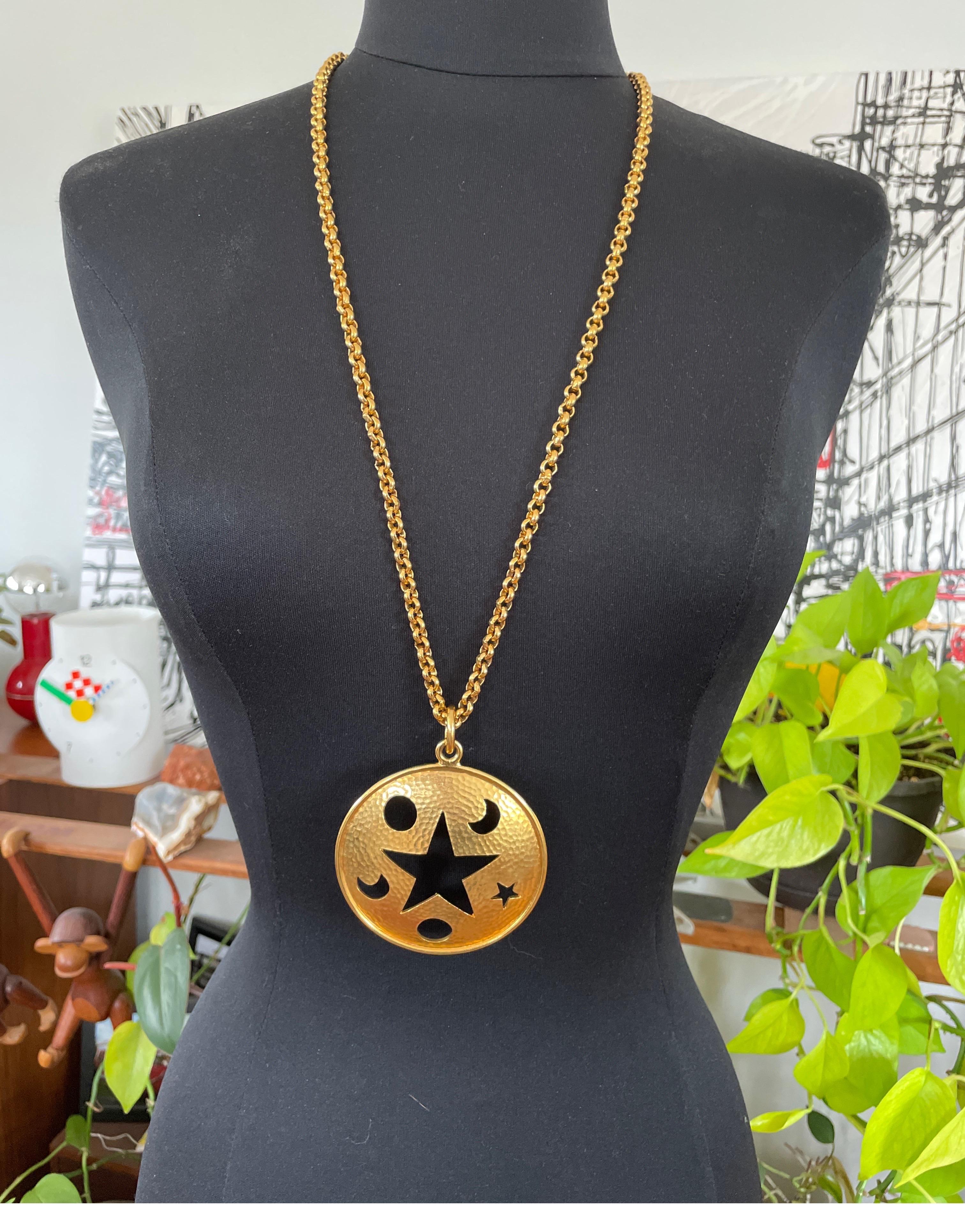 Women's Celine Gold Gilt Star Moon Cut Out Disc Necklace  For Sale