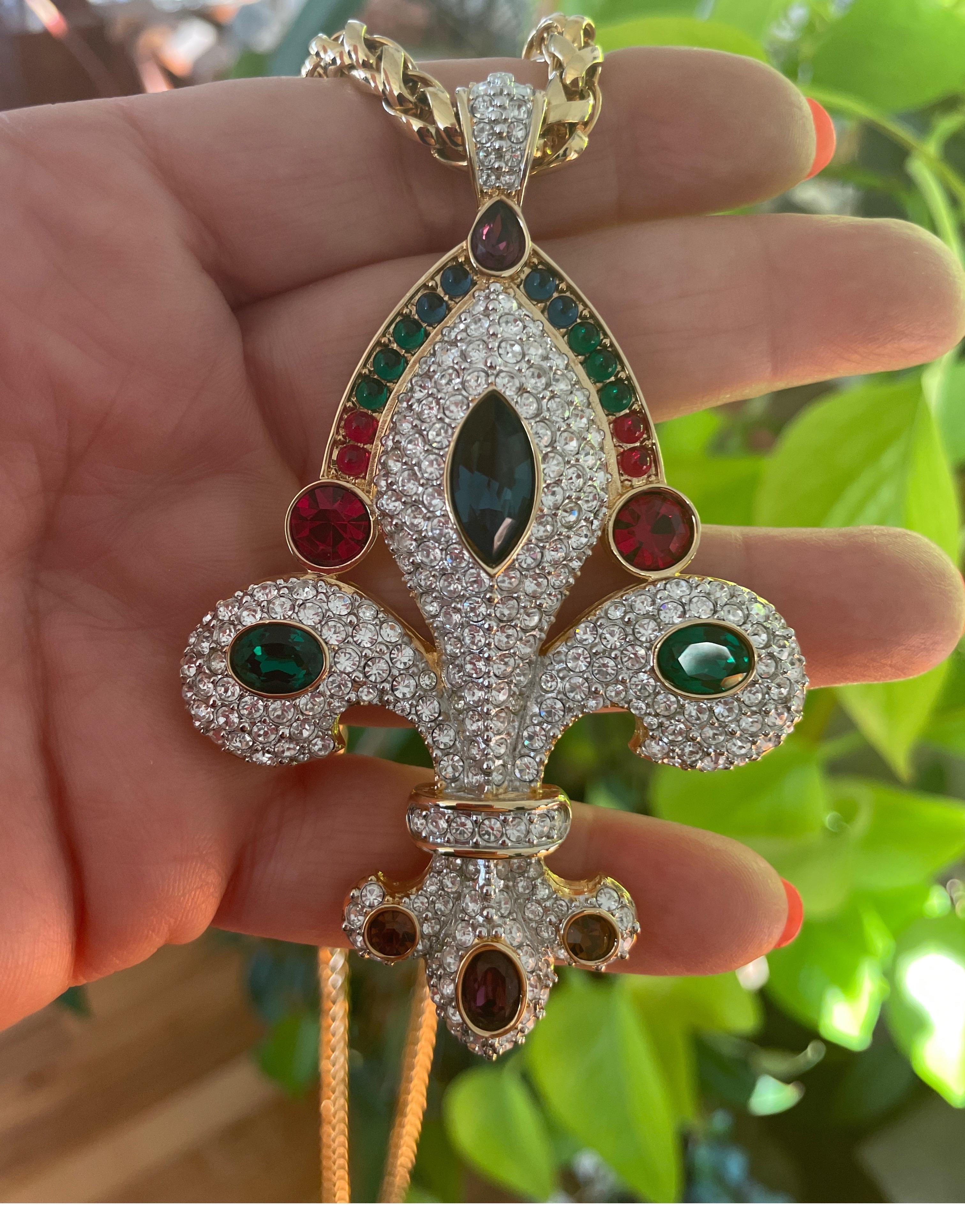 Swarovski Crystal Fleur De Lis Pendant Necklace, New Never Worn 1990s For Sale 1