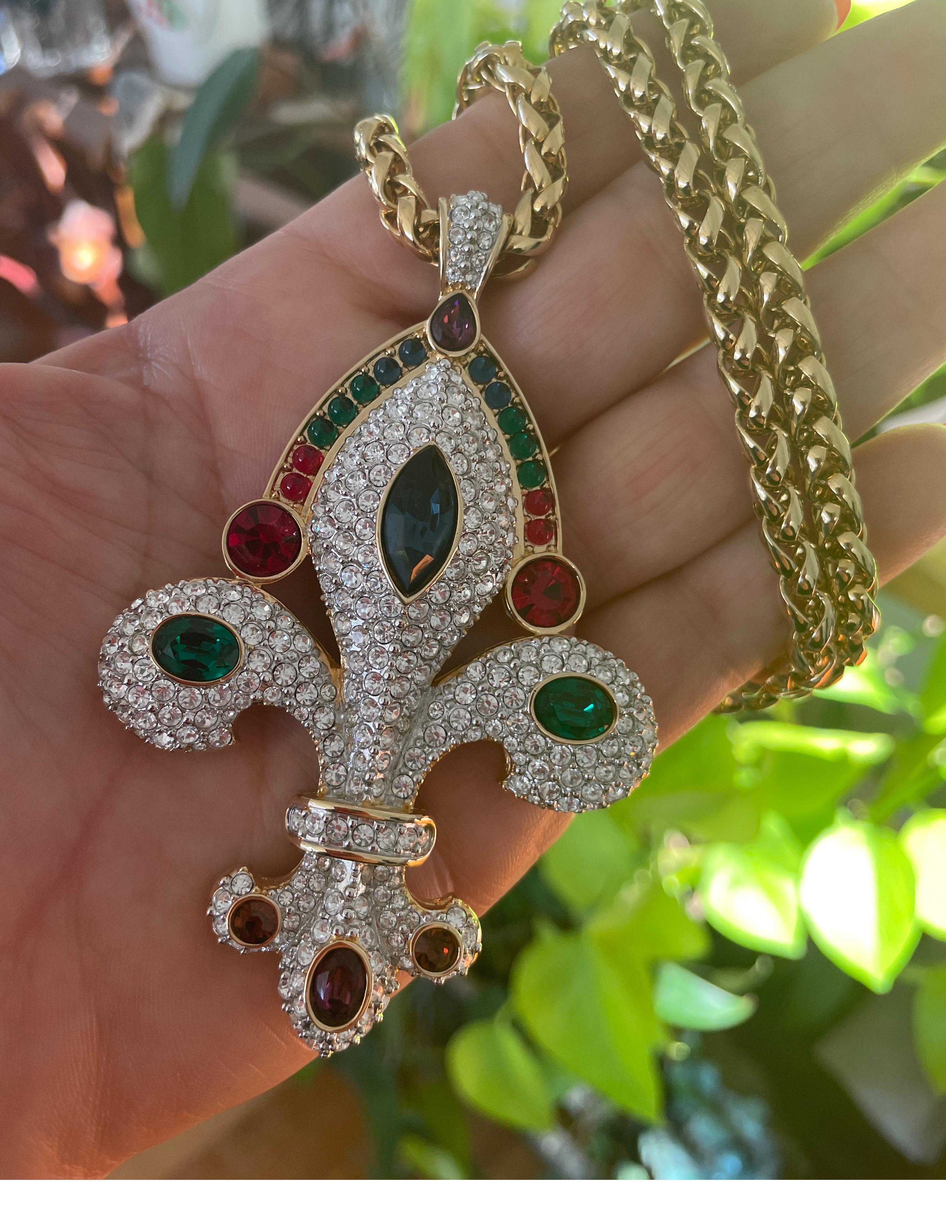  Swarovski Crystal Fleur De Lis Pendant Necklace, New Never Worn 1990s For Sale 2