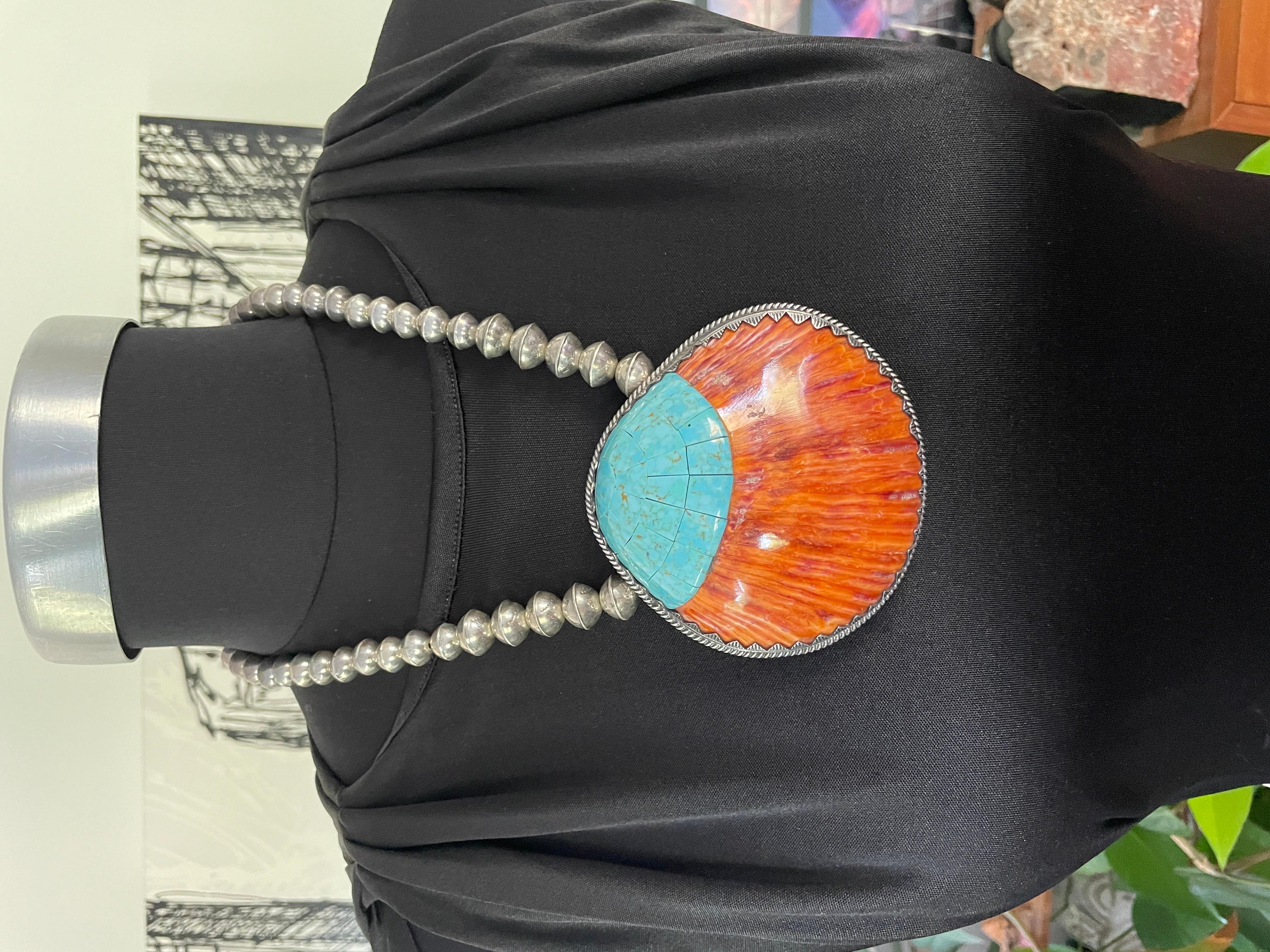 Women's or Men's  Sterling Silver Spiny Oyster & Turquoise Necklace Hand Crafted Santo Domingo For Sale