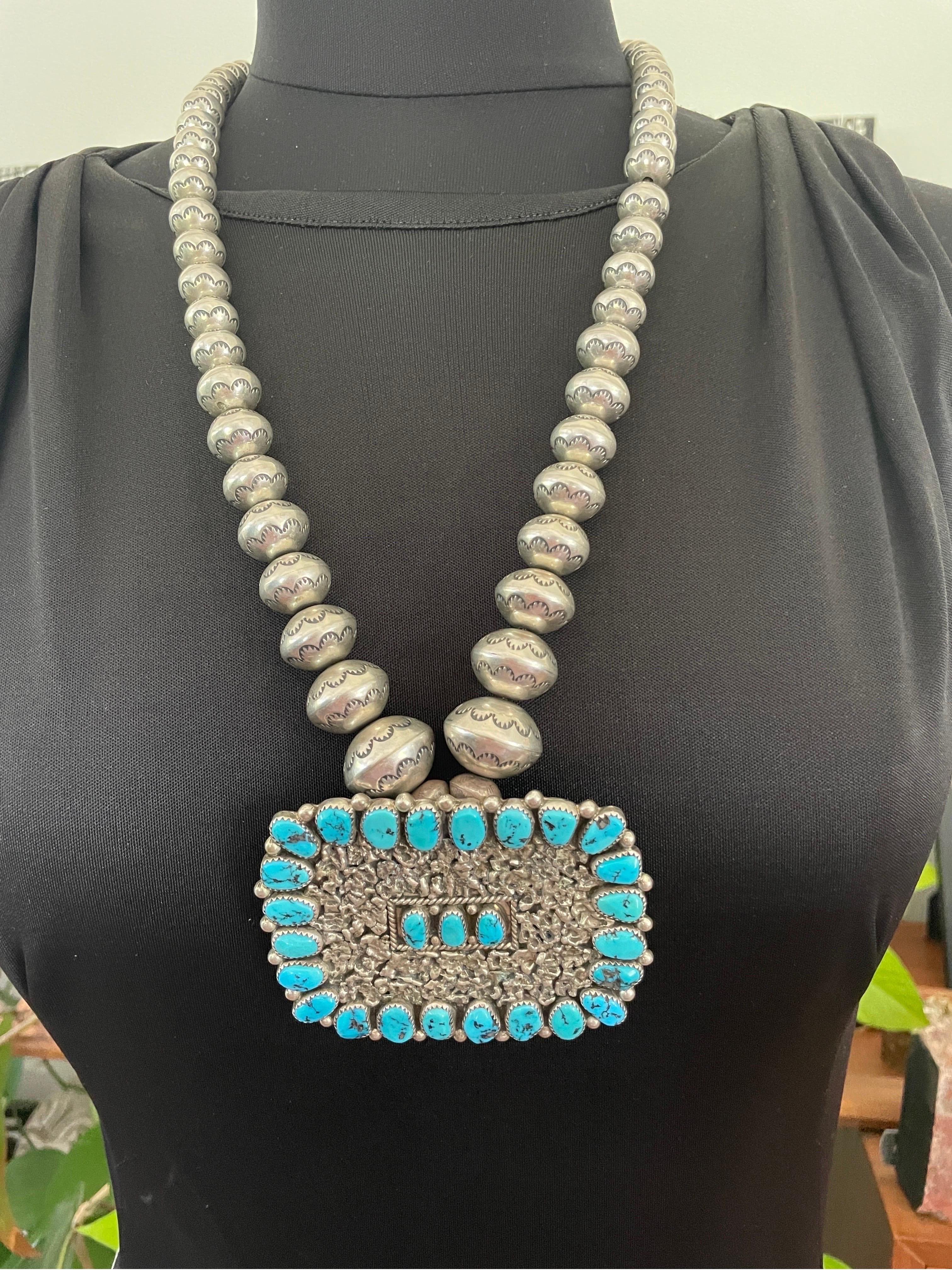 Sterling Silver Native American Zuni Turquoise Necklace, 1960s  For Sale 1