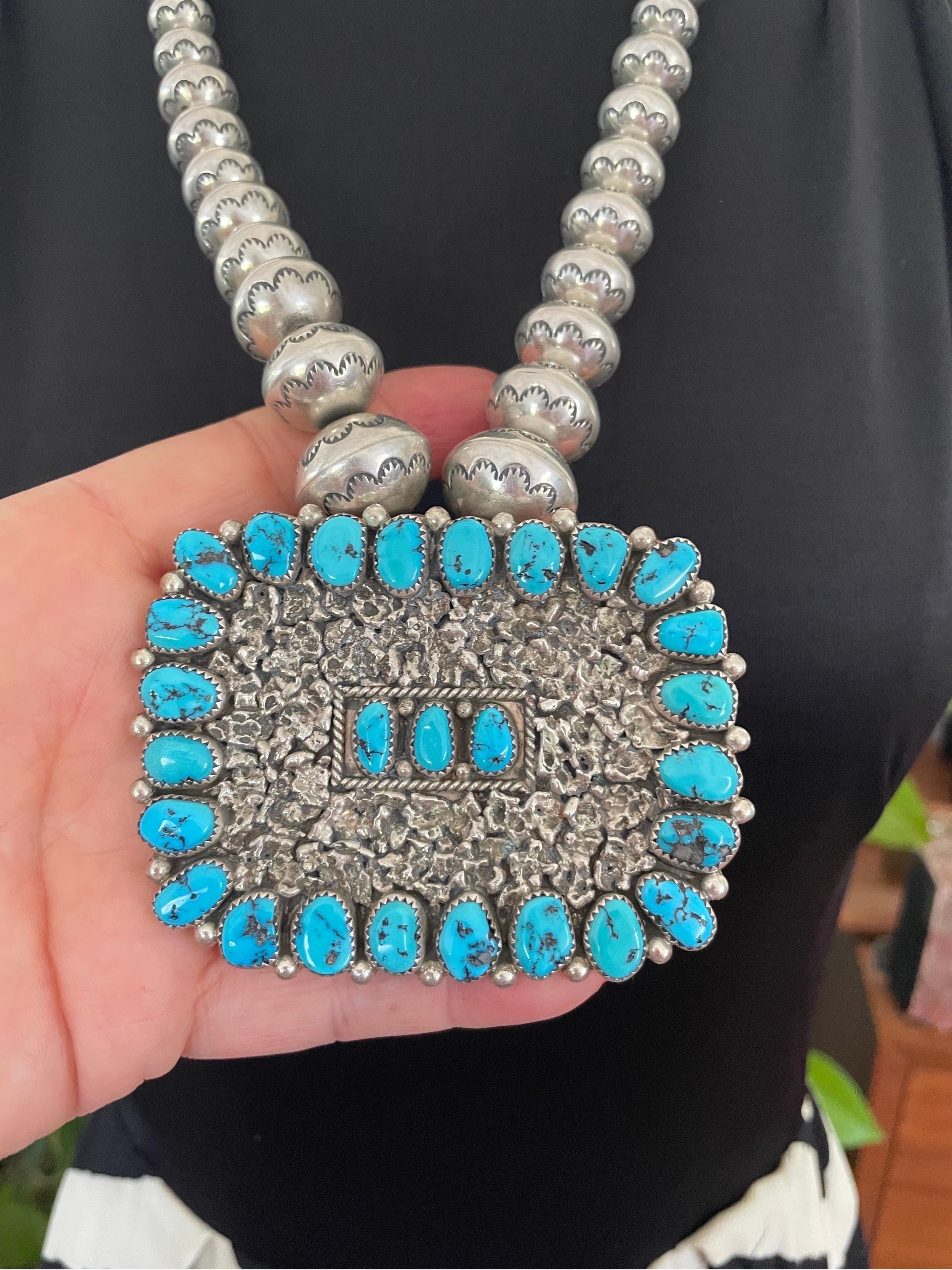 Sterling Silver Native American Zuni Turquoise Necklace, 1960s  For Sale 2