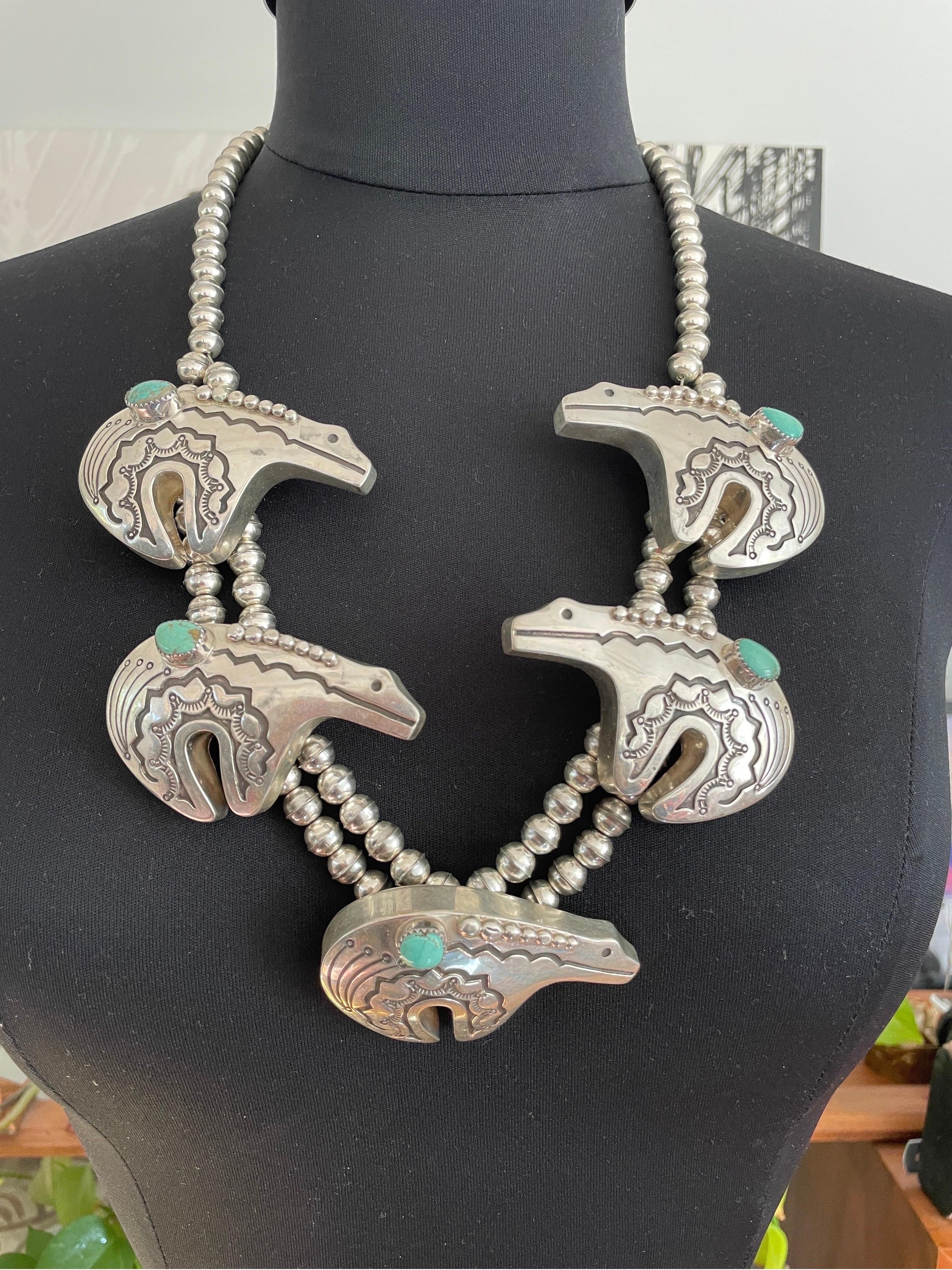 Sterling Silver Zuni Native American Turquoise Bear Fetish Necklace In Good Condition For Sale In Wallkill, NY