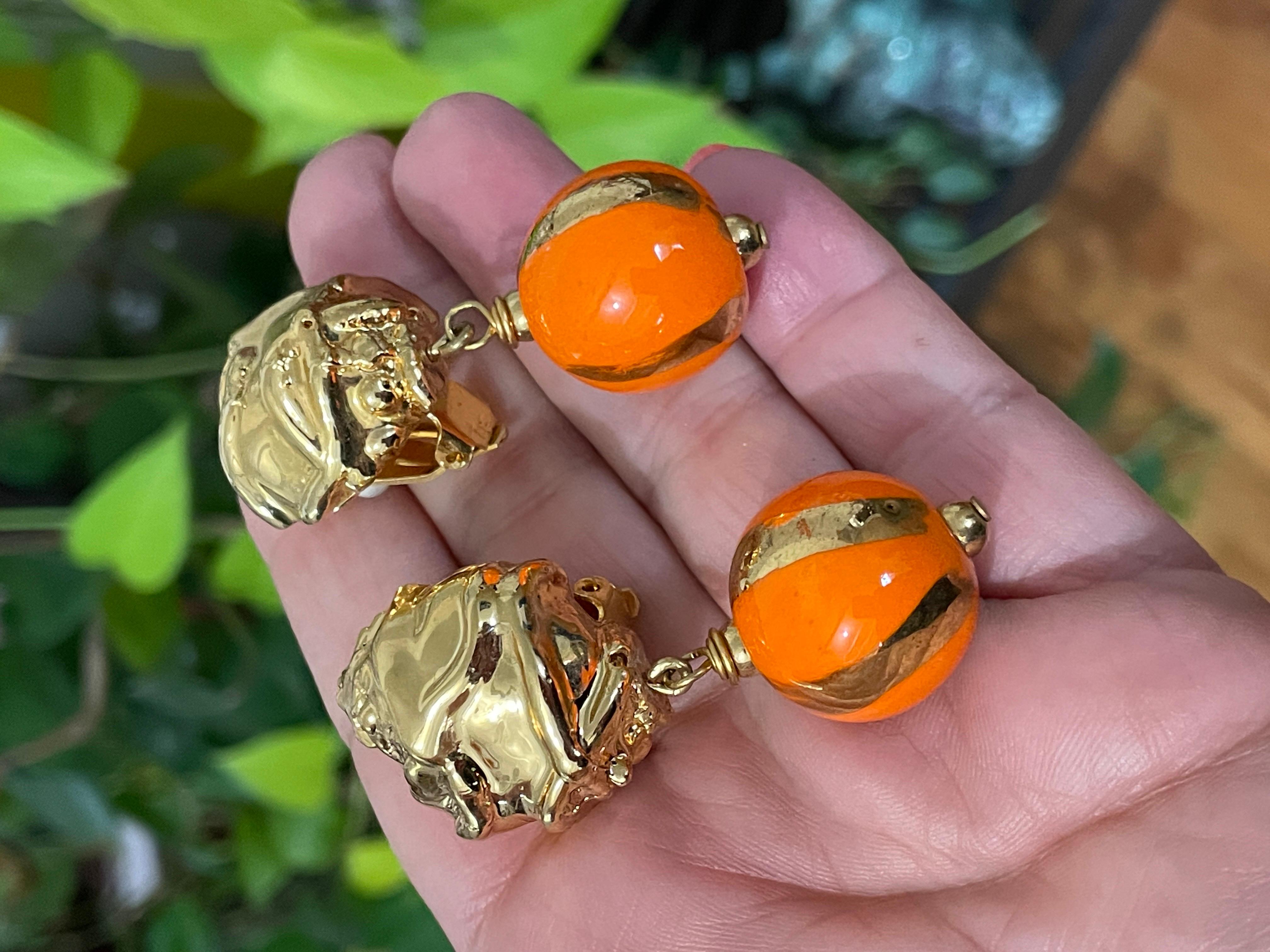 Dominique Aurientis Orange and Gold Hand Painted Earrings 1980s, New Never worn  For Sale 2
