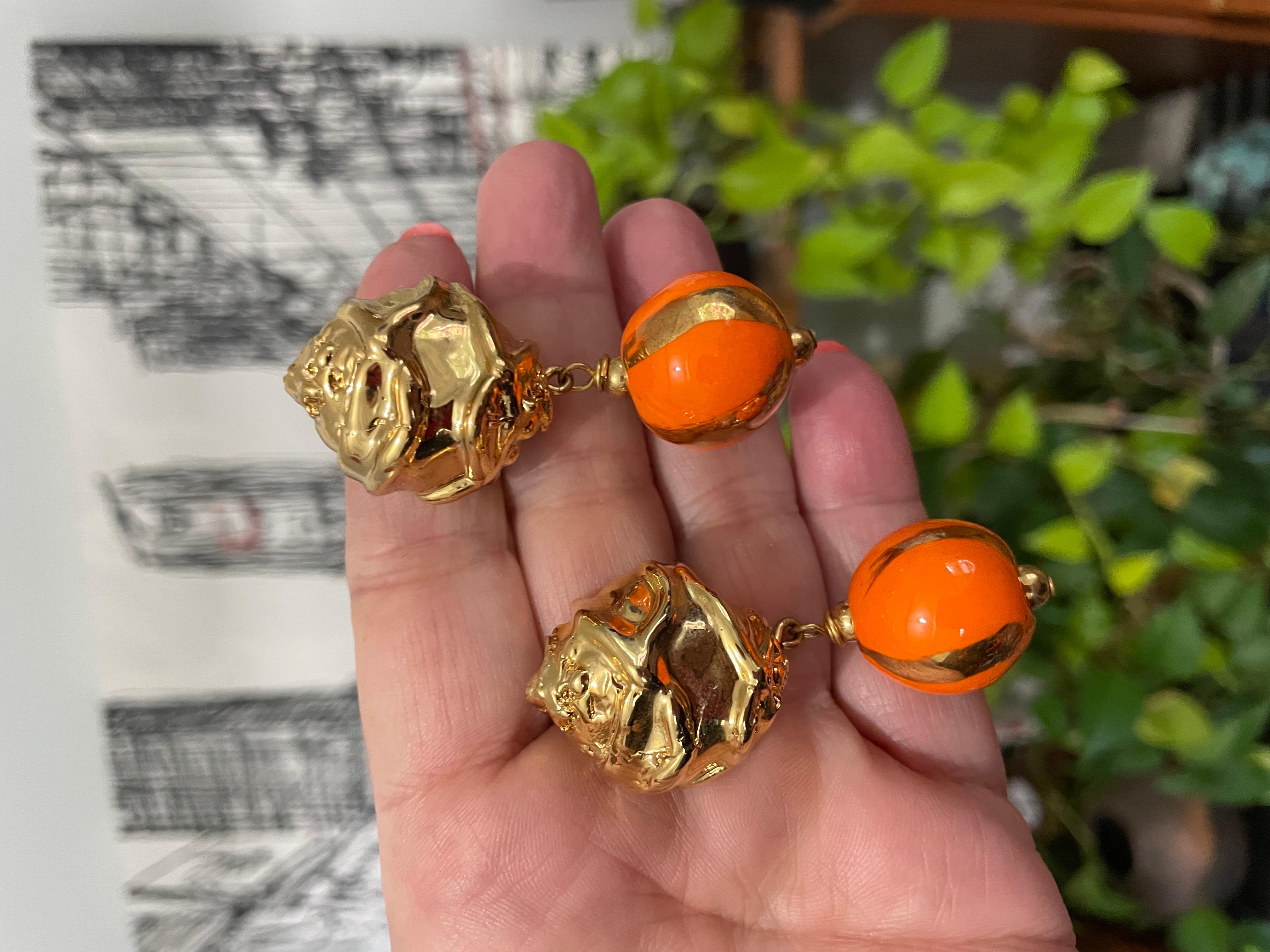 Dominique Aurientis Orange and Gold Hand Painted Earrings 1980s, New Never worn For Sale 1